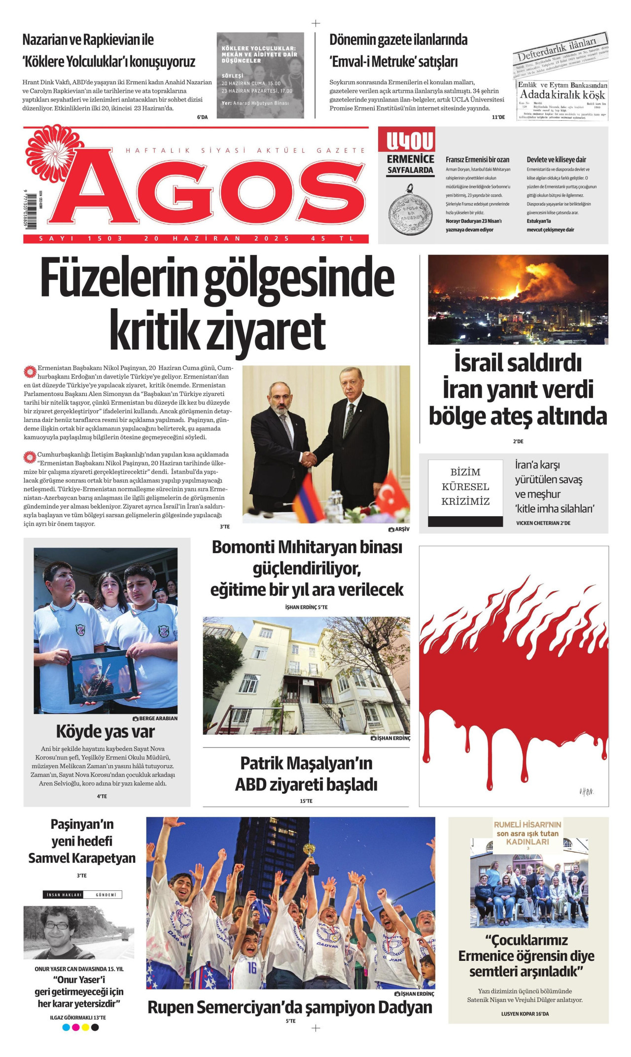 AGOS gazetesinin 20 Haziran 2025 tarihli birinci sayfası