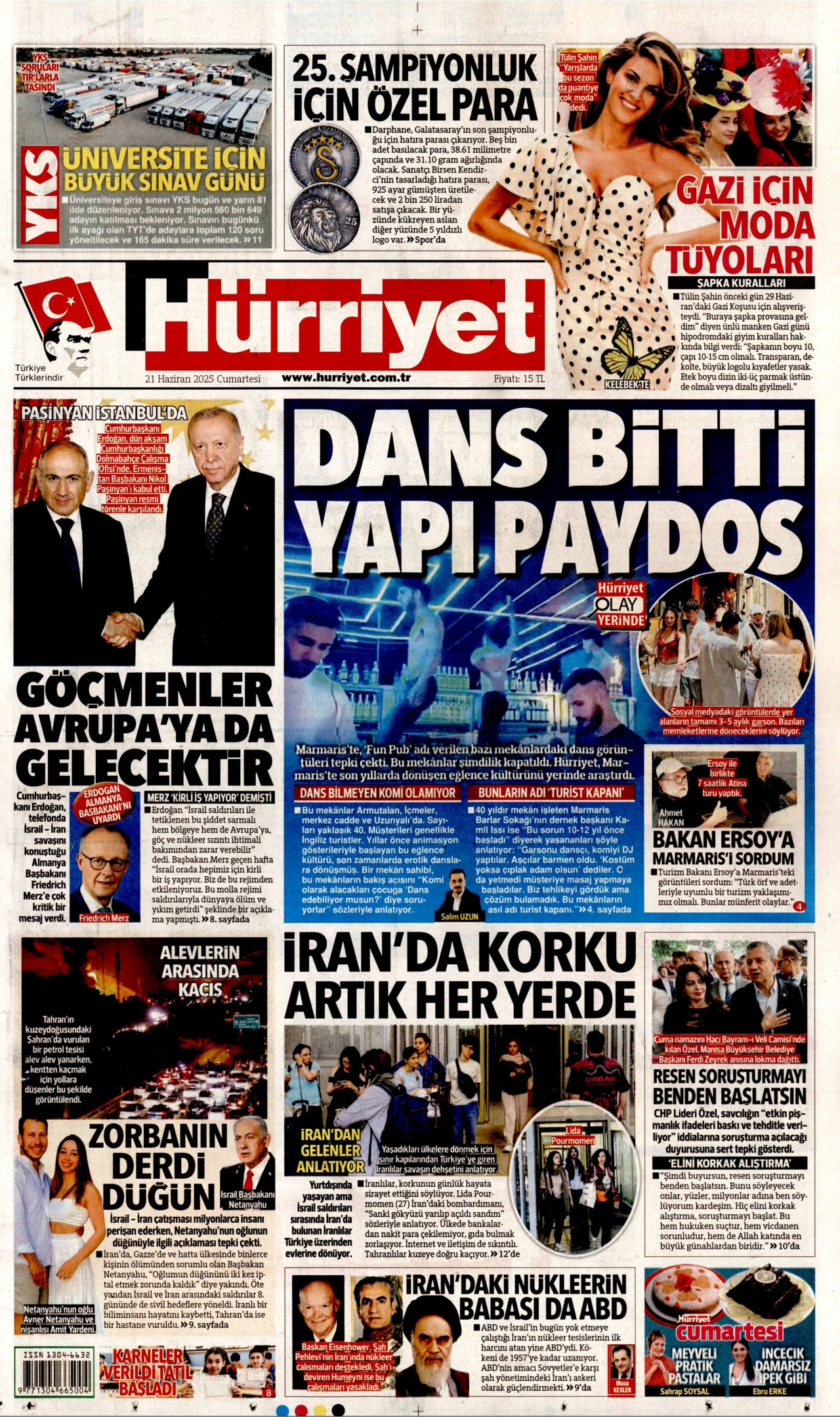 HÜRRİYET gazetesinin 21 Haziran 2025 tarihli birinci sayfası
