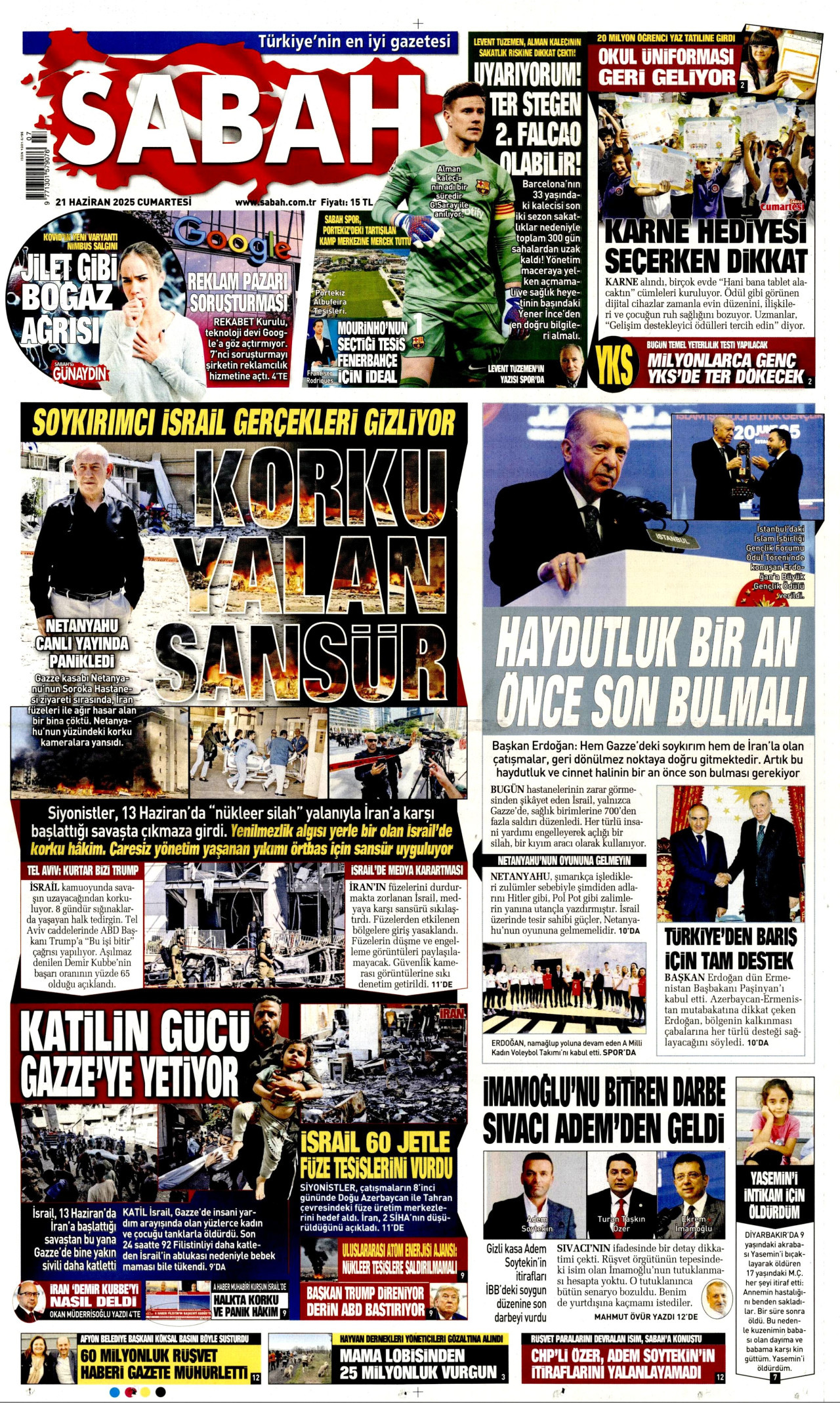 SABAH gazetesinin 21 Haziran 2025 tarihli birinci sayfası