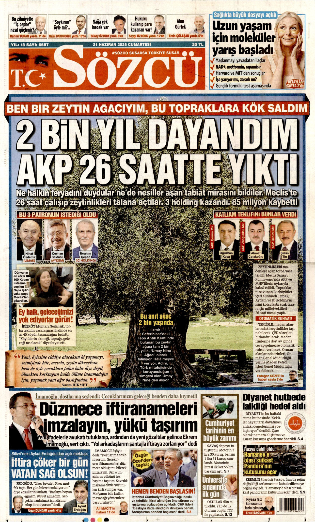 SÖZCÜ gazetesinin 21 Haziran 2025 tarihli birinci sayfası