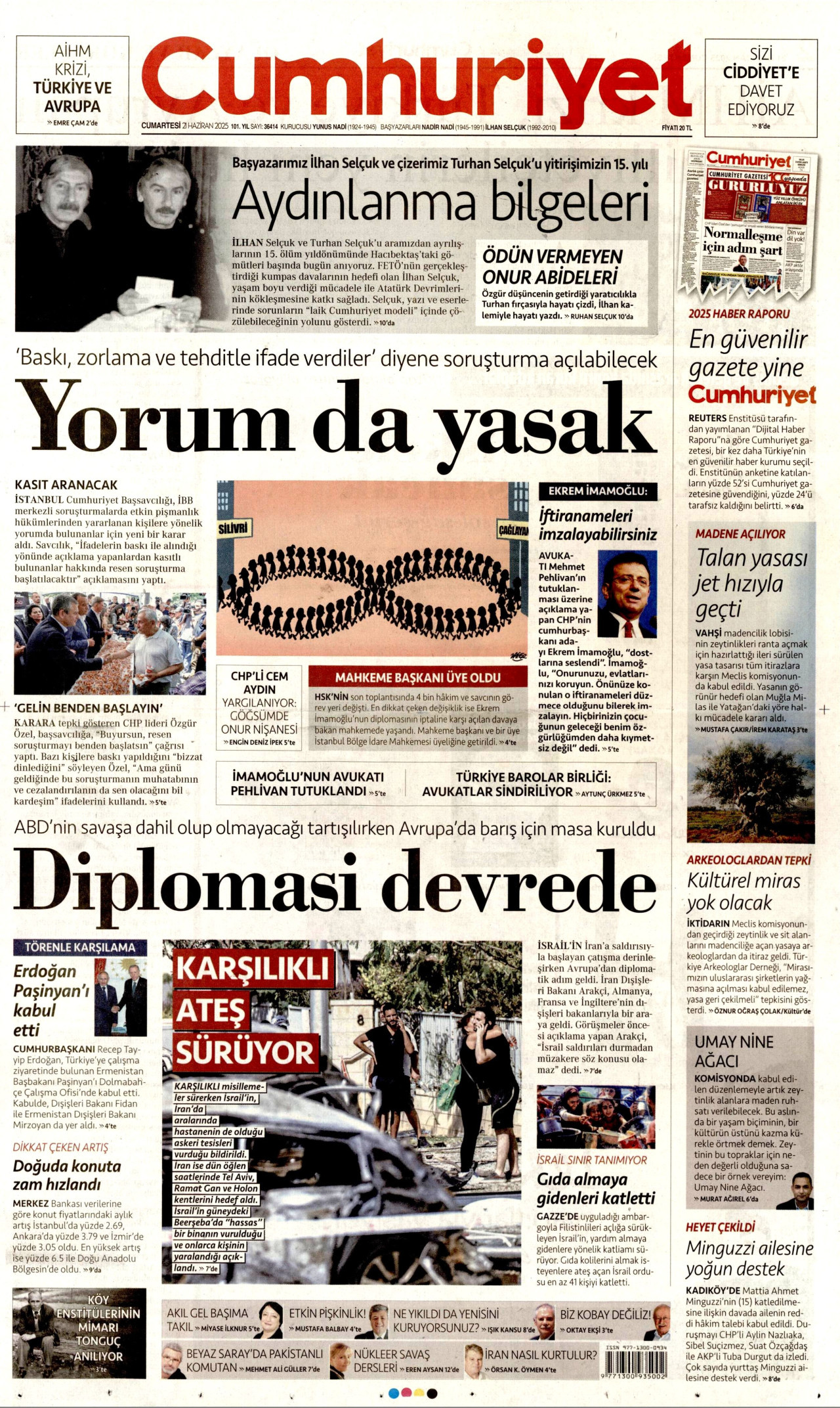 CUMHURİYET gazetesinin 21 Haziran 2025 tarihli birinci sayfası
