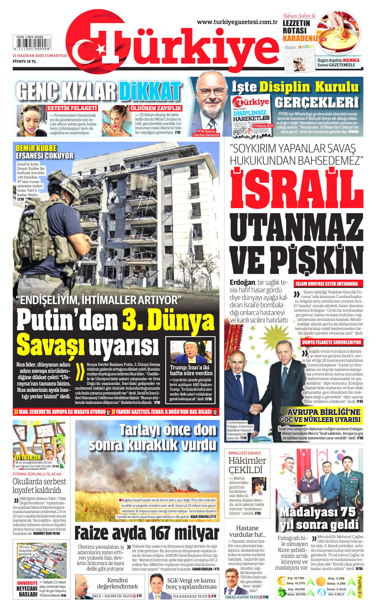 TÜRKİYE GAZETESİ gazetesinin 21 Haziran 2025 tarihli birinci sayfası