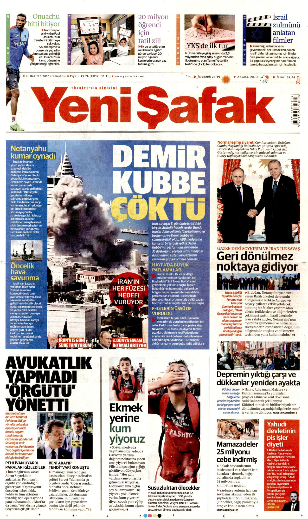 YENİ ŞAFAK gazetesinin 21 Haziran 2025 tarihli birinci sayfası