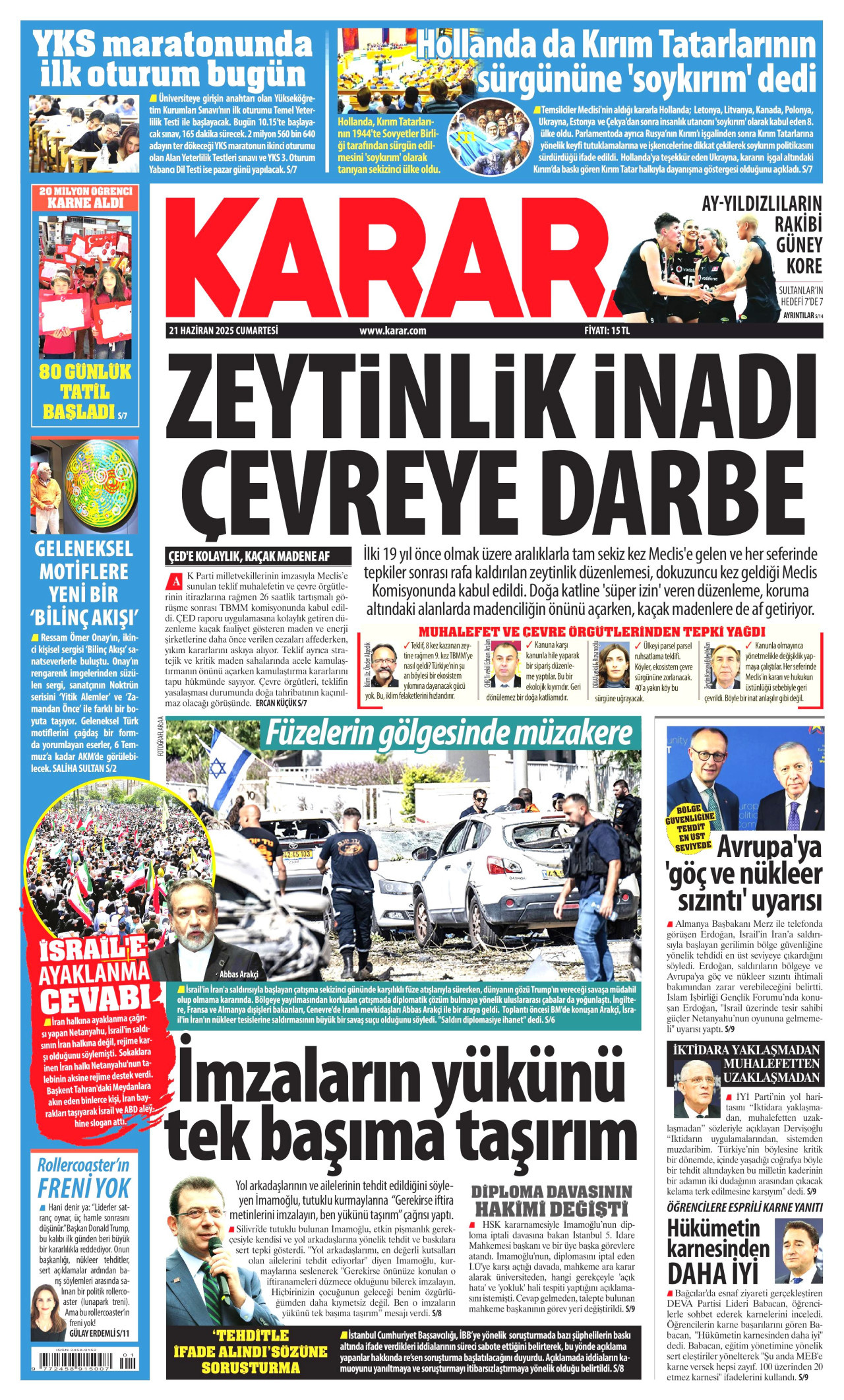 KARAR gazetesinin 21 Haziran 2025 tarihli birinci sayfası
