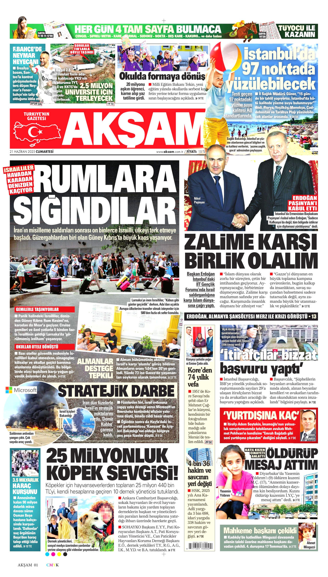 AKŞAM gazetesinin 21 Haziran 2025 tarihli birinci sayfası