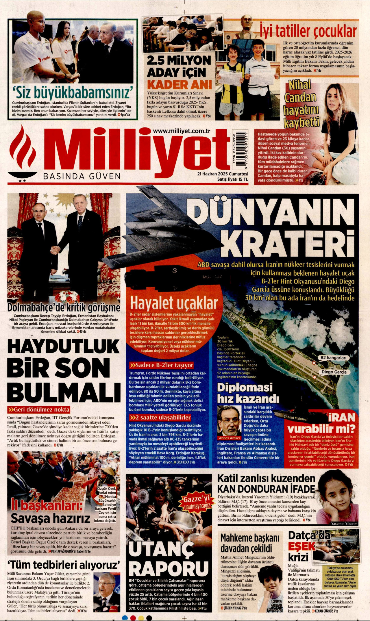 MİLLİYET gazetesinin 21 Haziran 2025 tarihli birinci sayfası