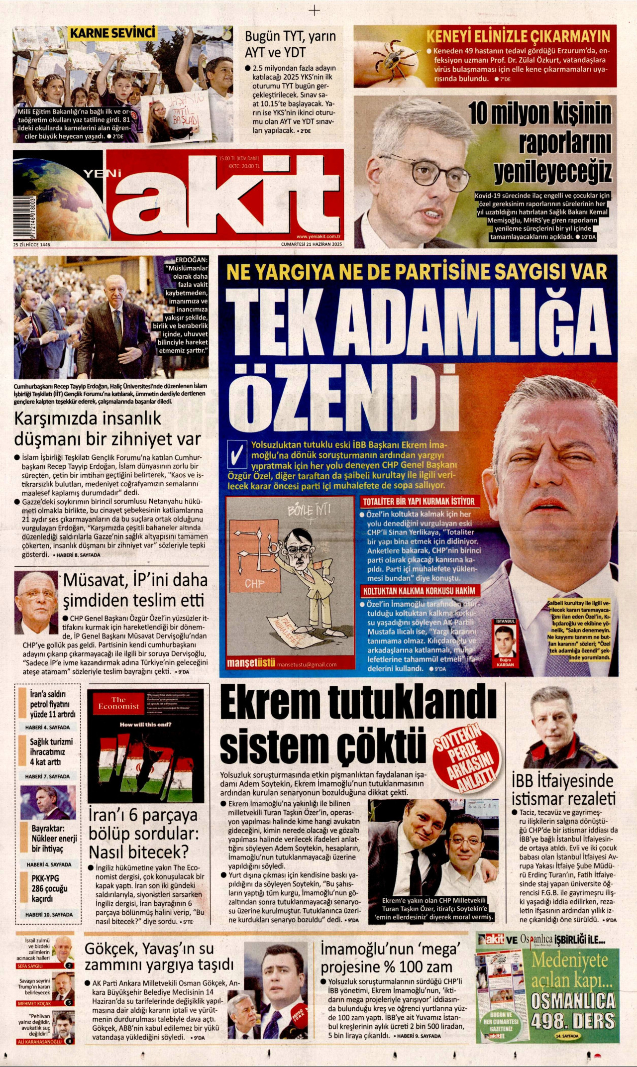 YENİ AKİT gazetesinin 21 Haziran 2025 tarihli birinci sayfası