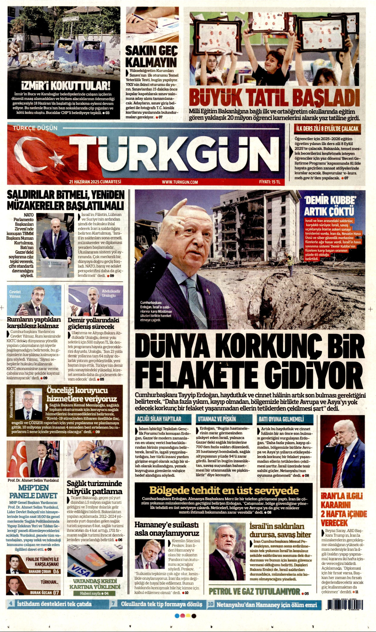TÜRKGÜN gazetesinin 21 Haziran 2025 tarihli birinci sayfası