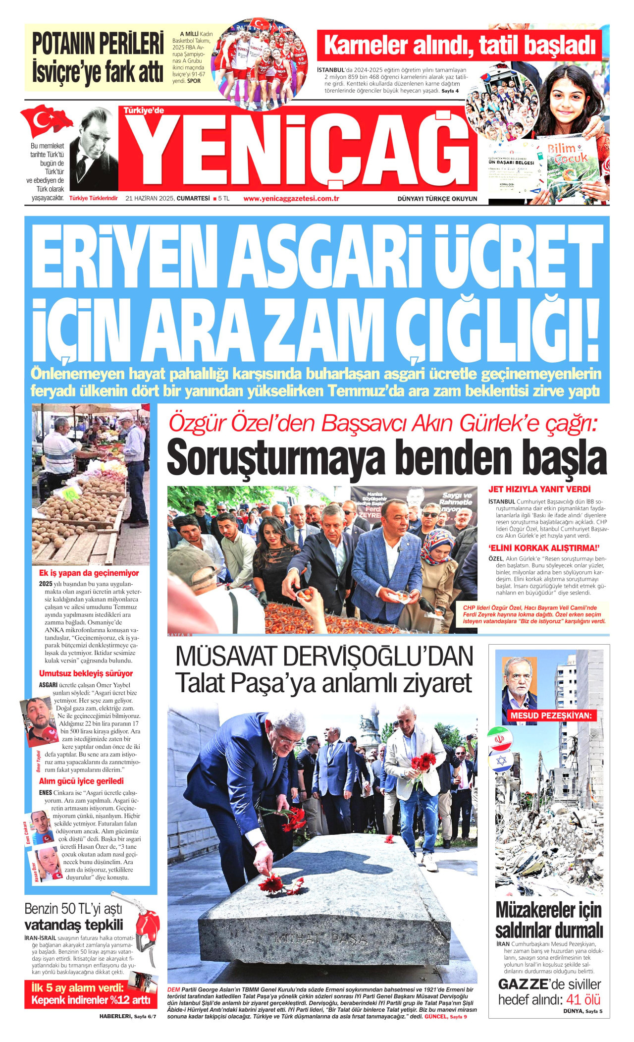 YENİÇAĞ gazetesinin 21 Haziran 2025 tarihli birinci sayfası