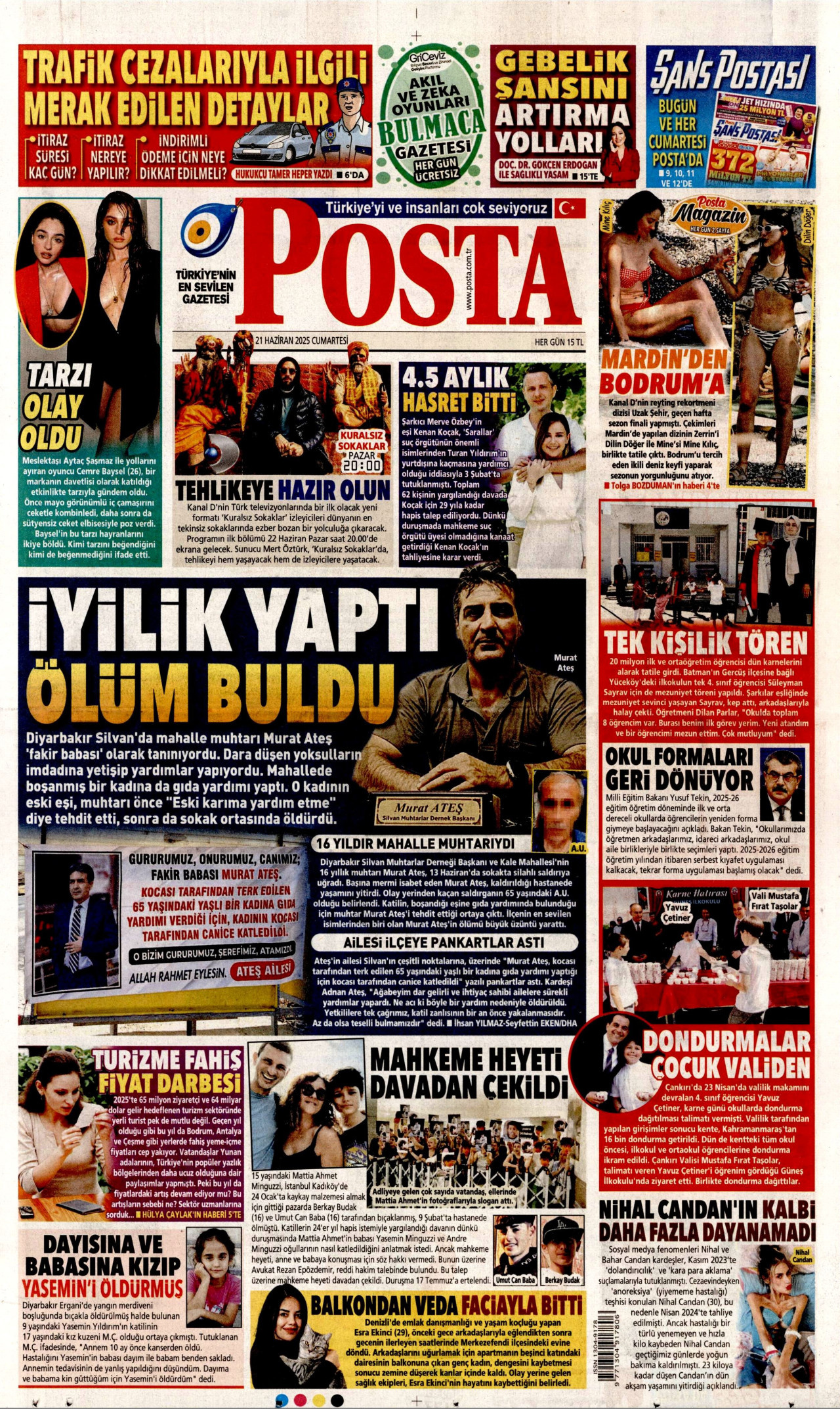POSTA gazetesinin 21 Haziran 2025 tarihli birinci sayfası