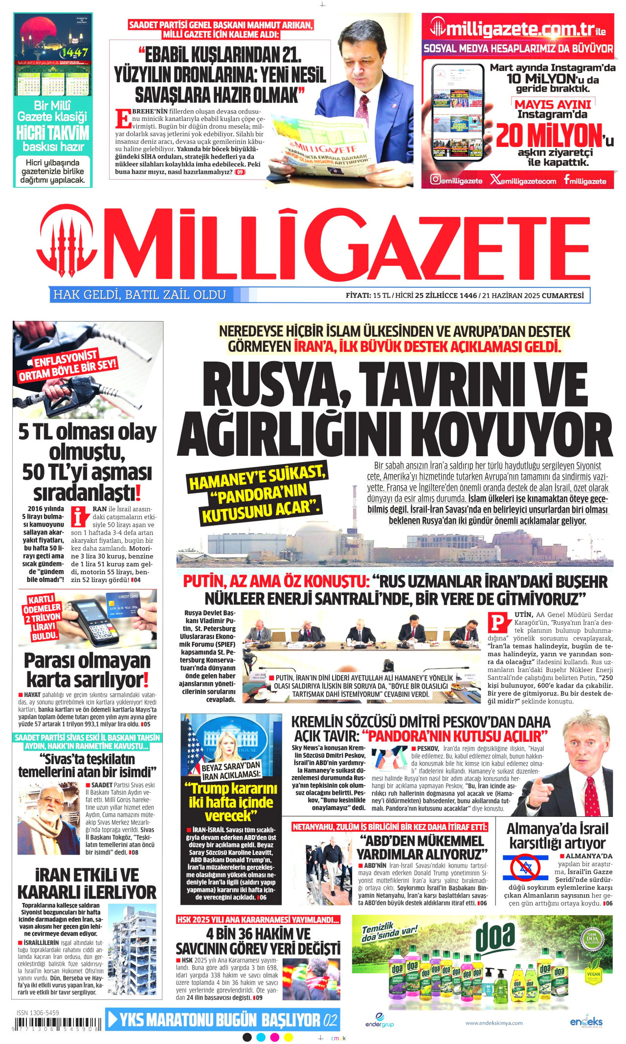 MİLLİ GAZETE gazetesinin 21 Haziran 2025 tarihli birinci sayfası