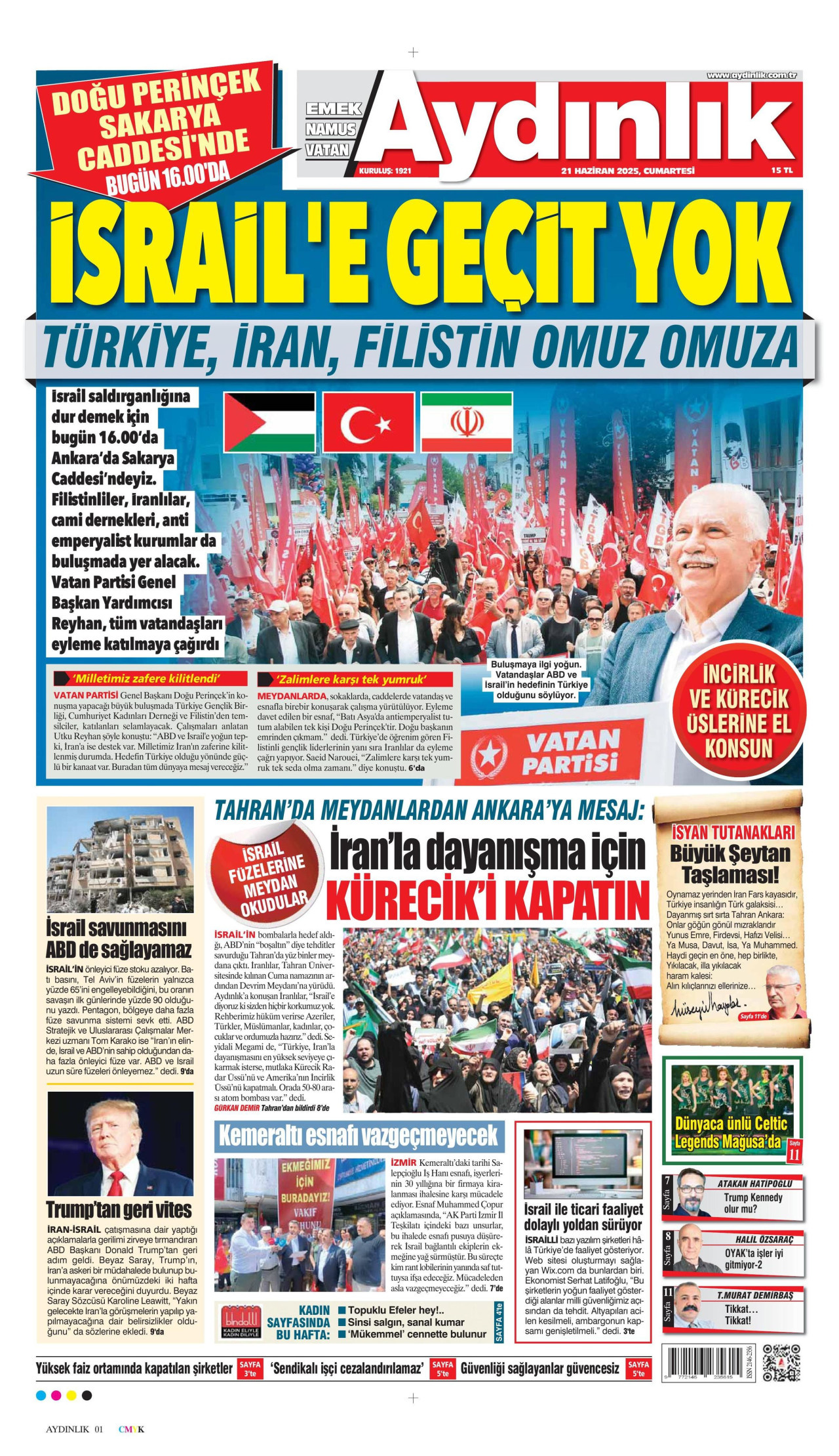 AYDINLIK GAZETESİ gazetesinin 21 Haziran 2025 tarihli birinci sayfası
