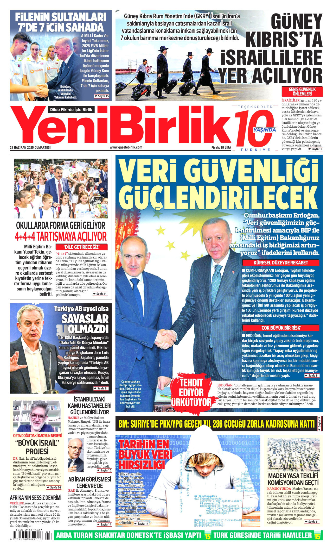 YENİBİRLİK gazetesinin 21 Haziran 2025 tarihli birinci sayfası