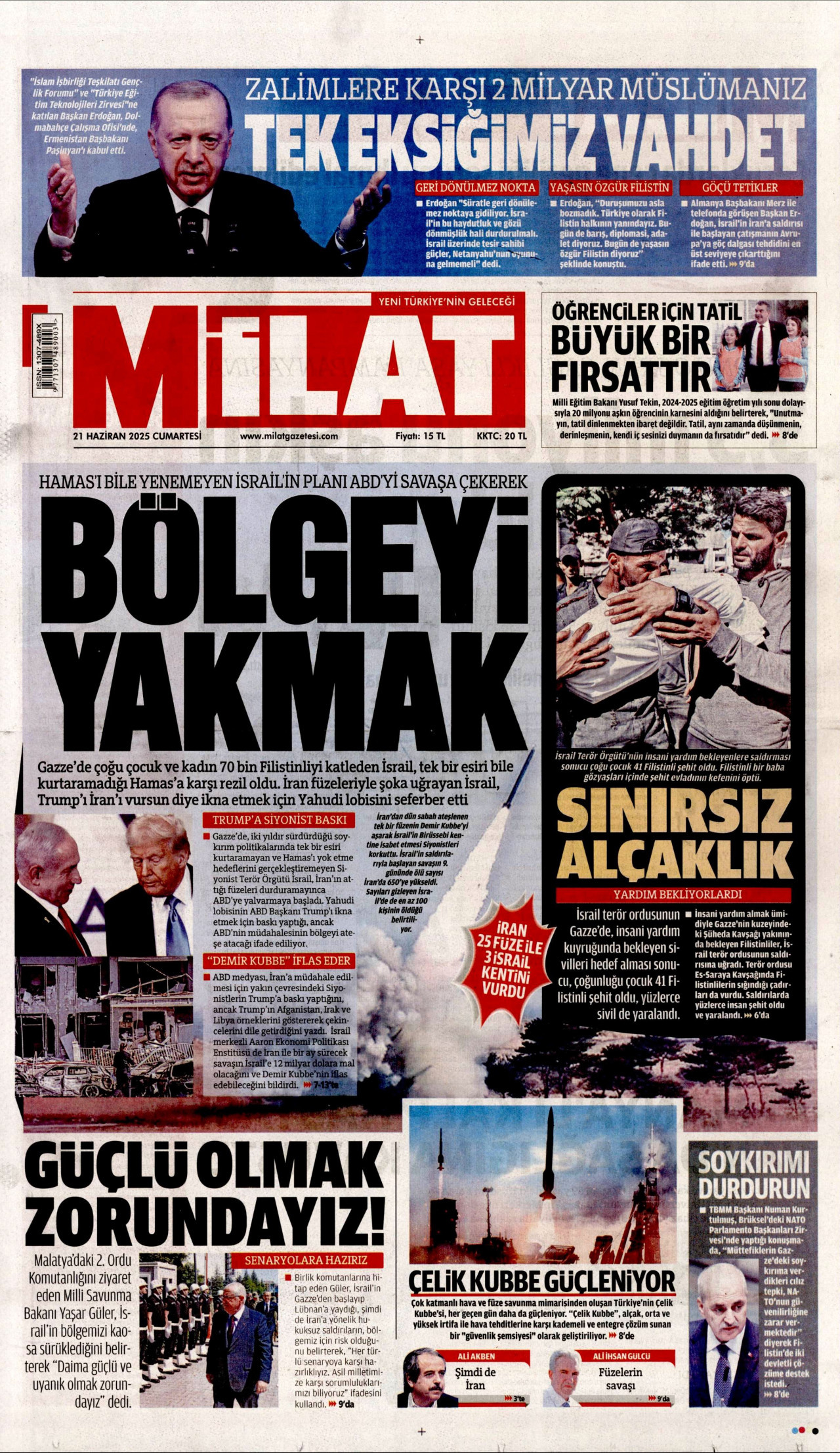 MİLAT gazetesinin 21 Haziran 2025 tarihli birinci sayfası