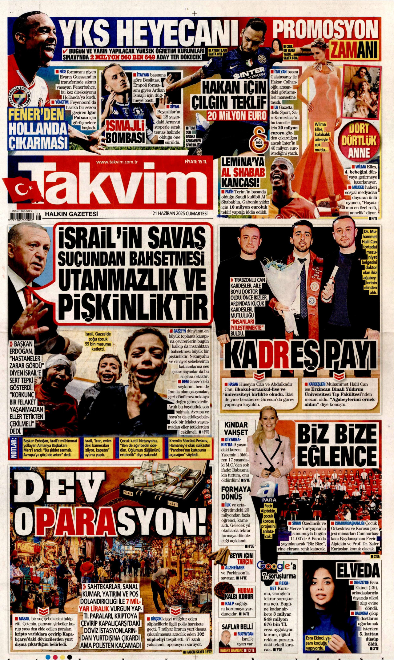 TAKVİM gazetesinin 21 Haziran 2025 tarihli birinci sayfası