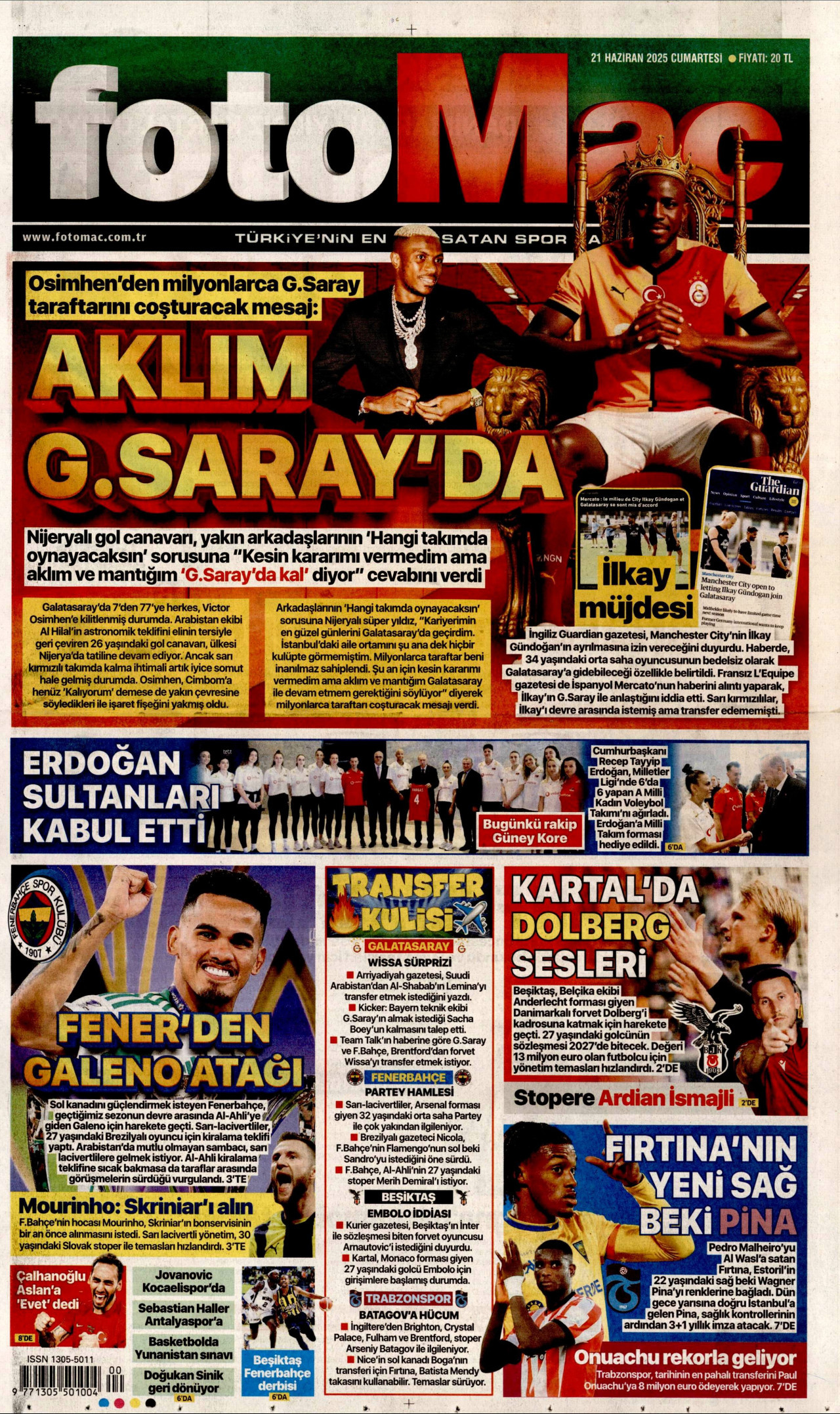 FOTOMAÇ gazetesinin 21 Haziran 2025 tarihli birinci sayfası