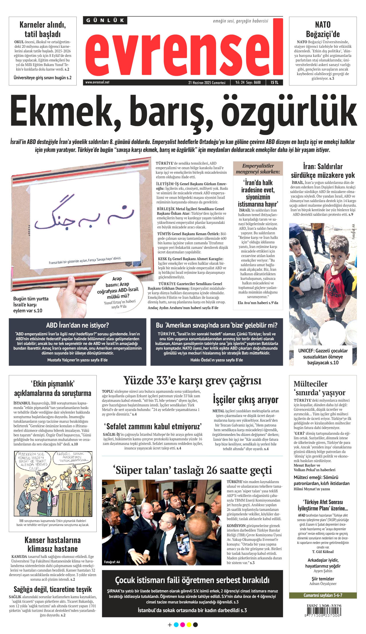 EVRENSEL gazetesinin 21 Haziran 2025 tarihli birinci sayfası