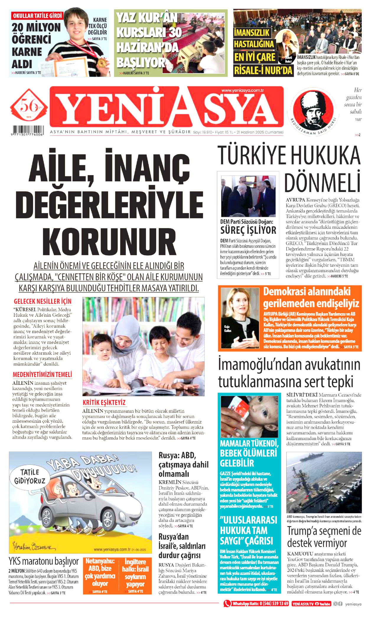 YENİ ASYA gazetesinin 21 Haziran 2025 tarihli birinci sayfası