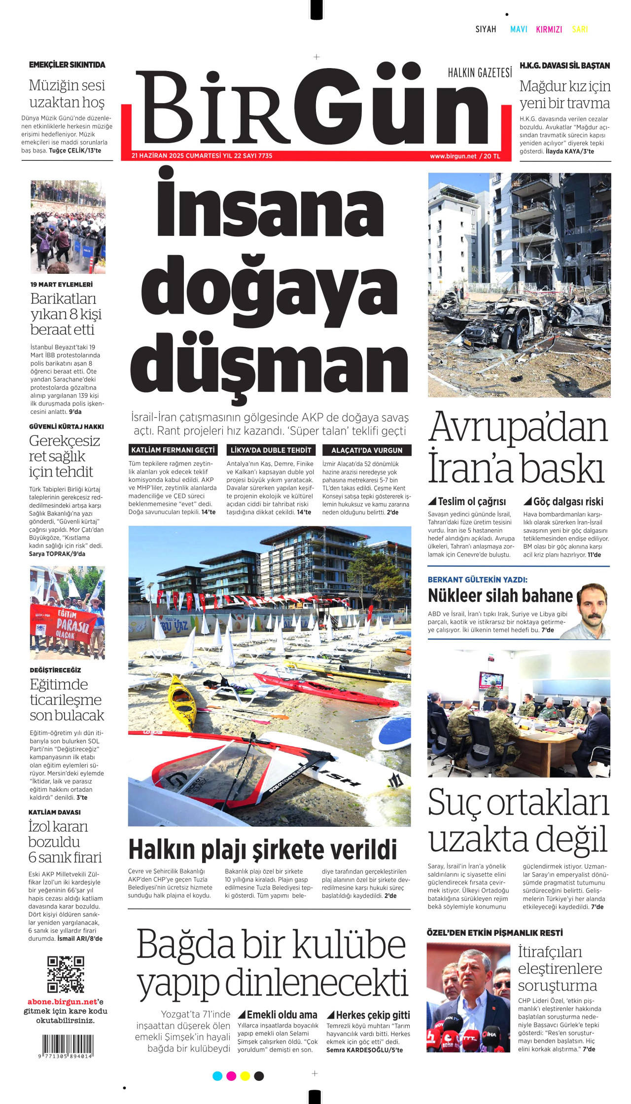 BİRGÜN gazetesinin 21 Haziran 2025 tarihli birinci sayfası