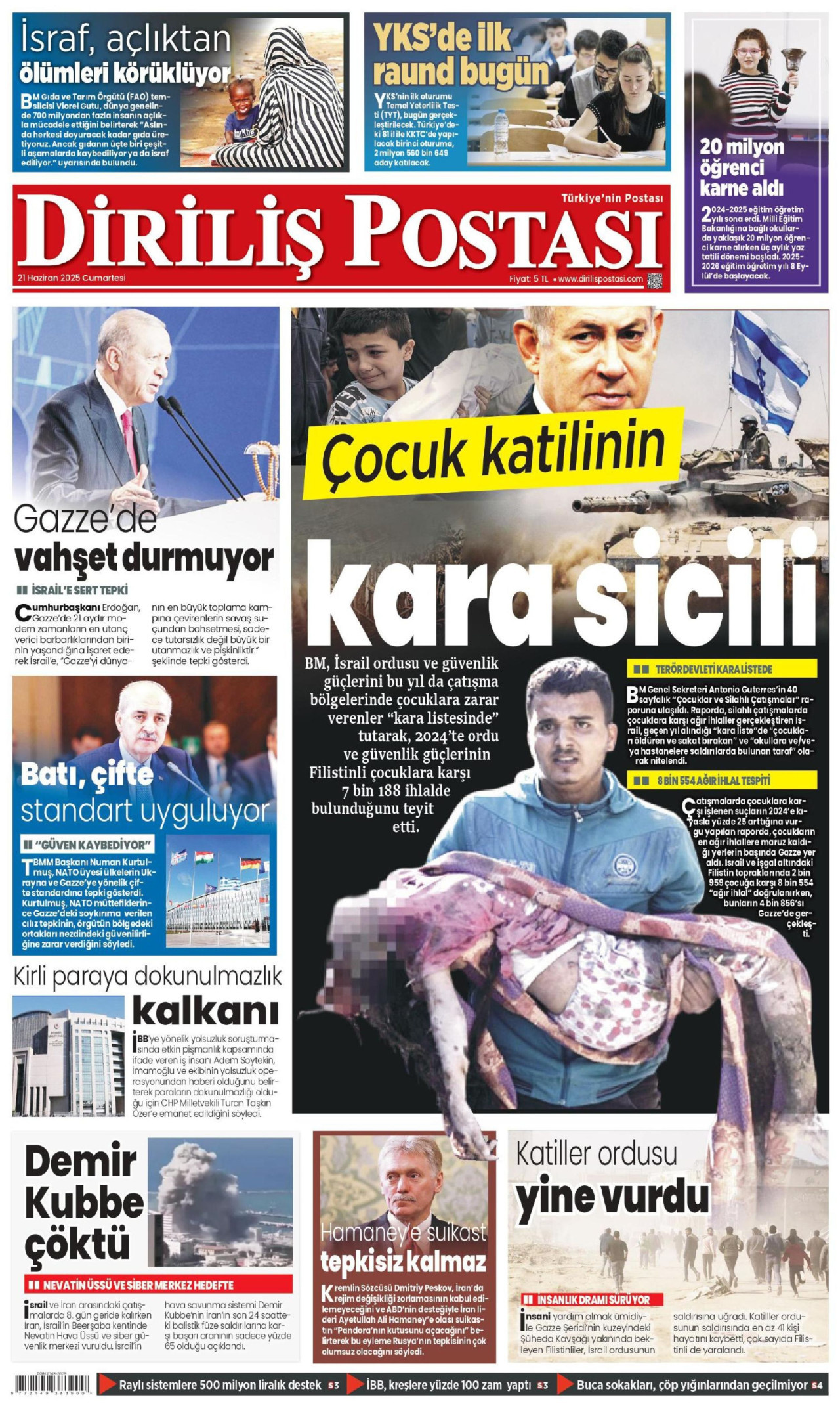 DİRİLİŞ POSTASI gazetesinin 21 Haziran 2025 tarihli birinci sayfası