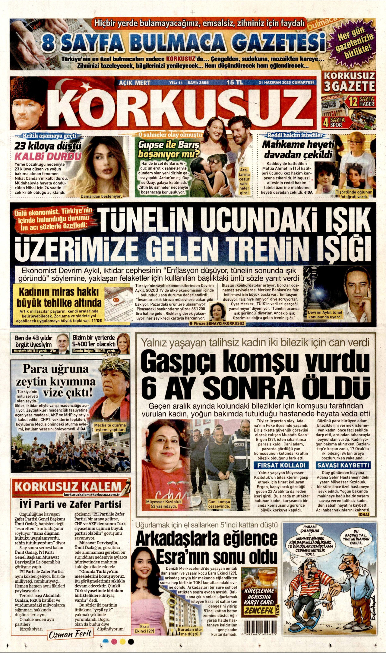 KORKUSUZ gazetesinin 21 Haziran 2025 tarihli birinci sayfası