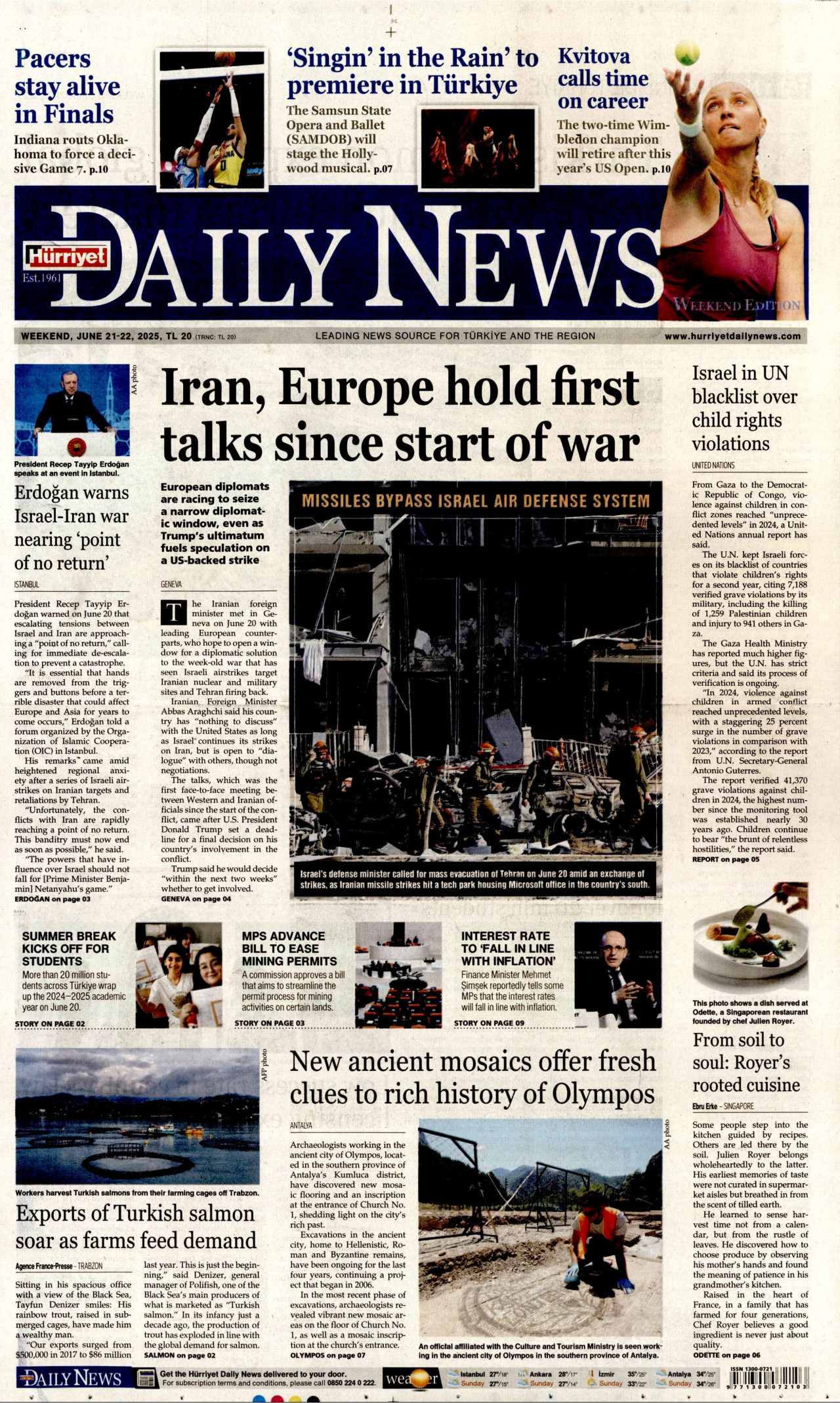 HÜRRİYET DAİLY NEWS gazetesinin 21 Haziran 2025 tarihli birinci sayfası