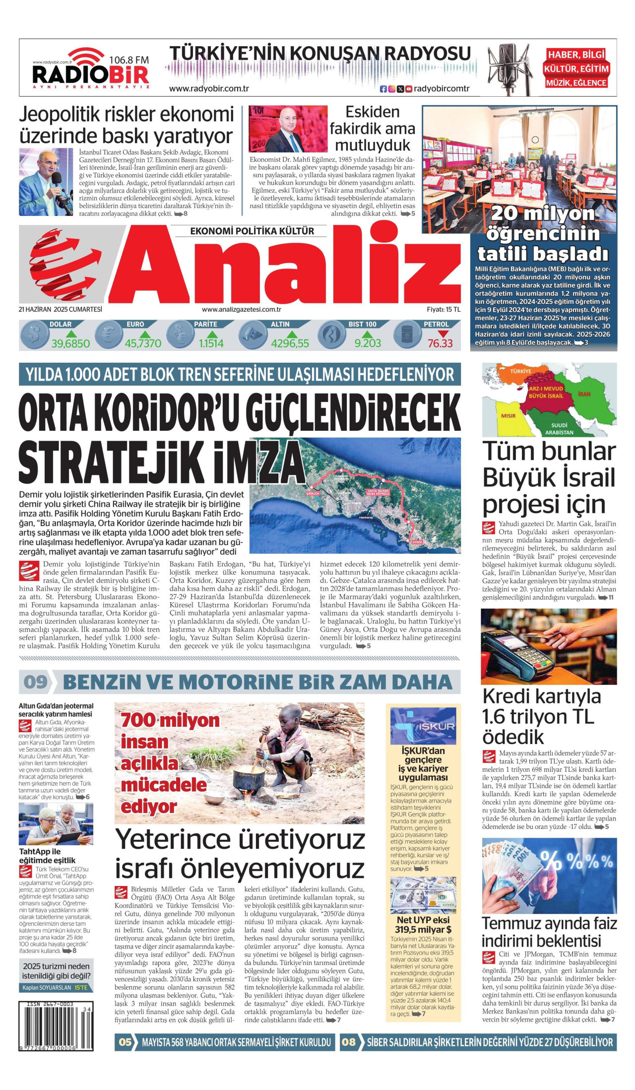 ANALİZ gazetesinin 21 Haziran 2025 tarihli birinci sayfası