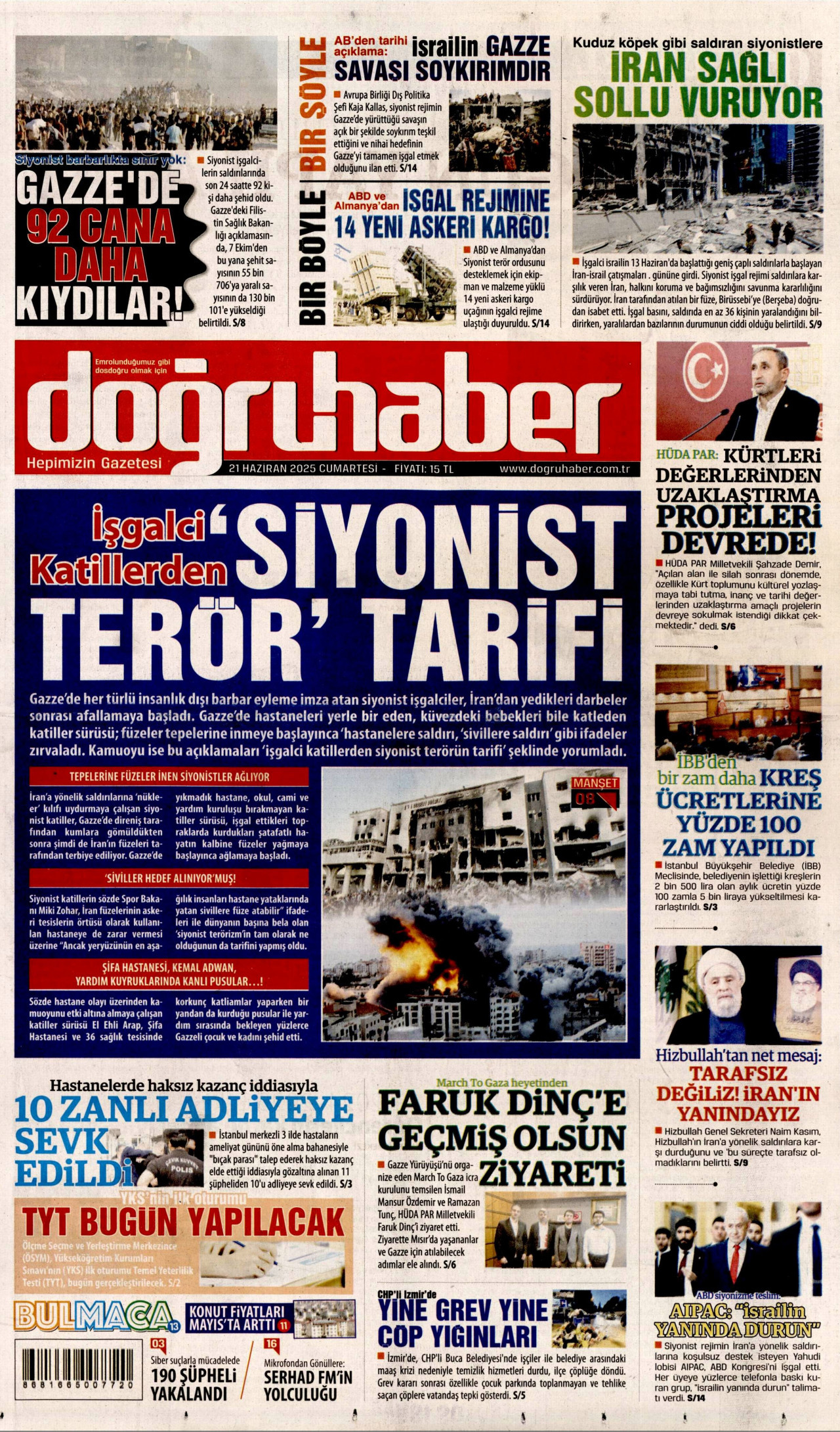 DOĞRU HABER gazetesinin 21 Haziran 2025 tarihli birinci sayfası