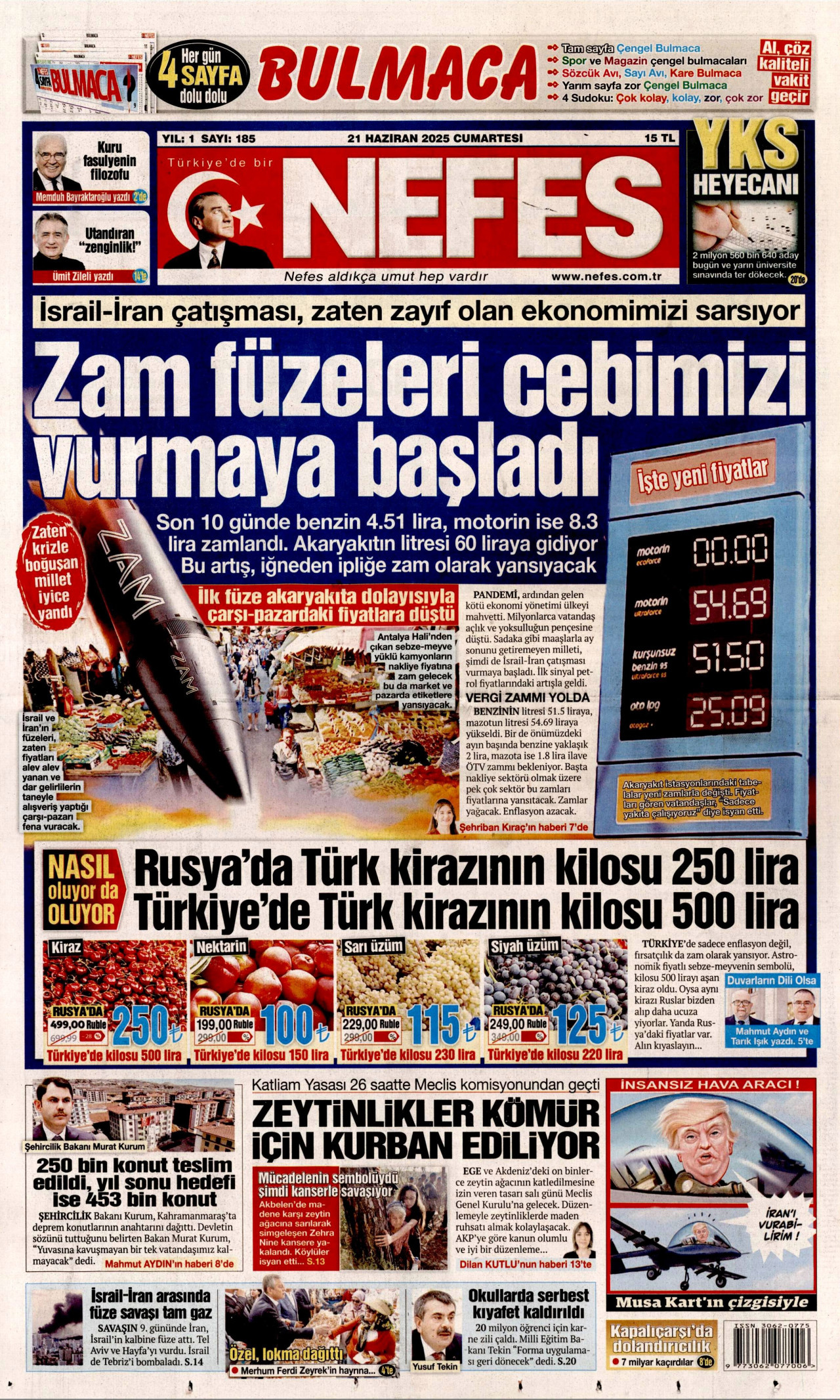NEFES gazetesinin 21 Haziran 2025 tarihli birinci sayfası