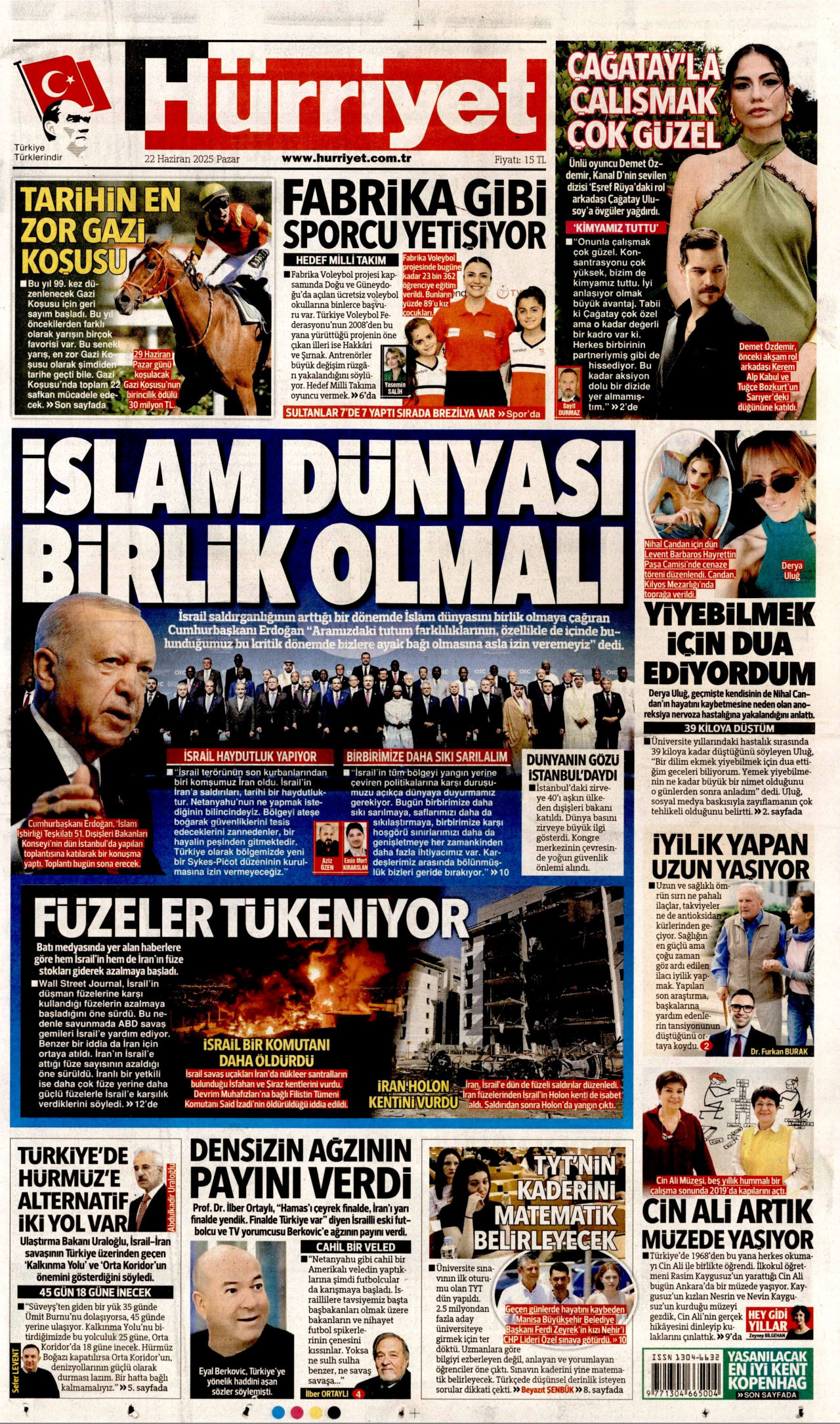 HÜRRİYET gazetesinin 22 Haziran 2025 tarihli birinci sayfası