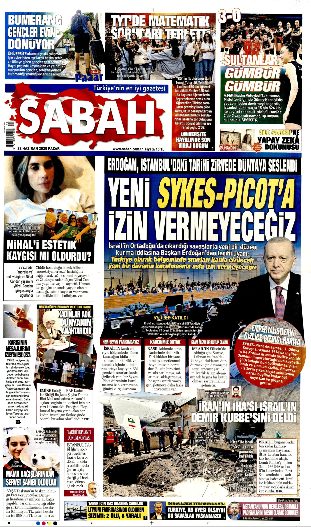 SABAH gazetesinin 22 Haziran 2025 tarihli birinci sayfası