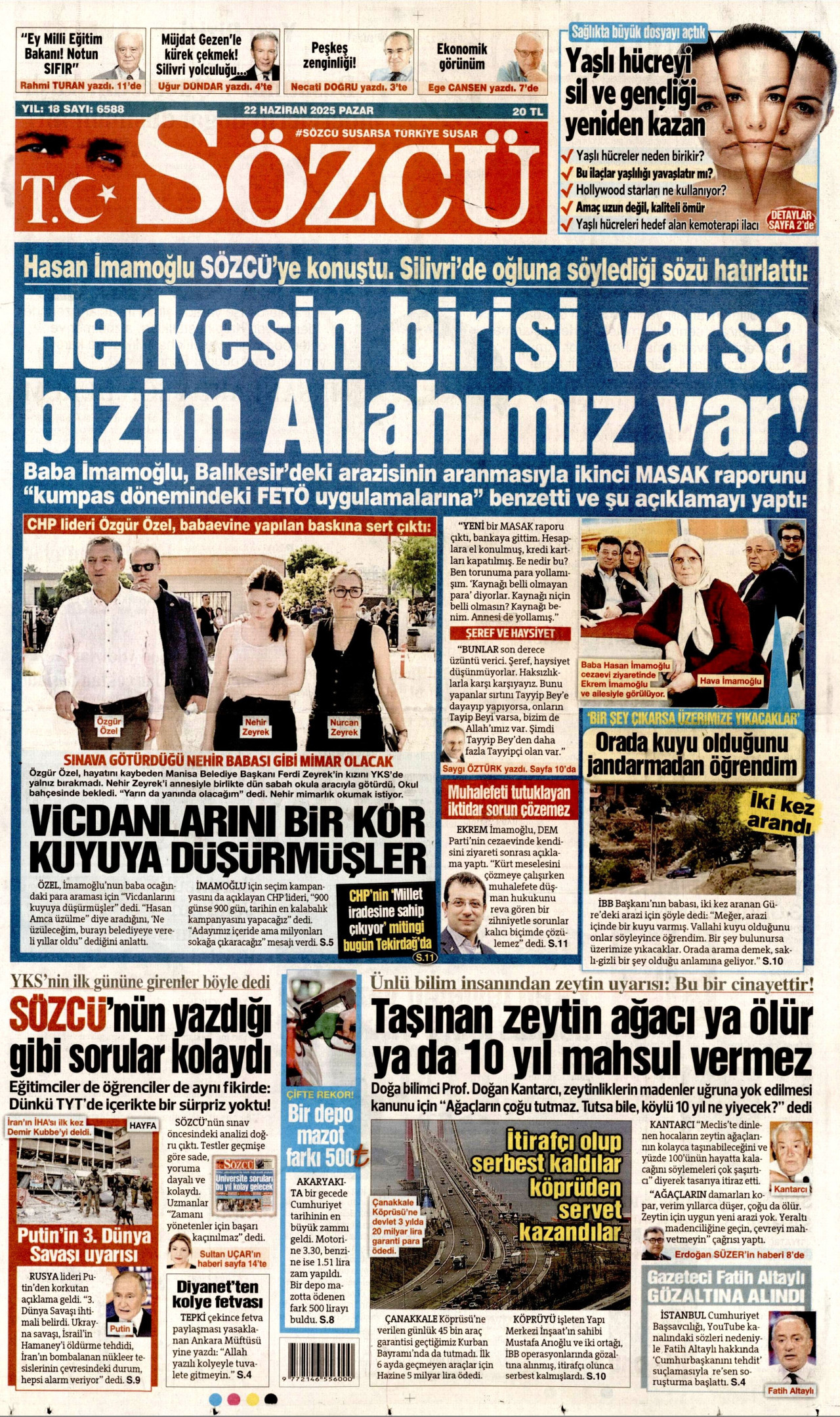 SÖZCÜ gazetesinin 22 Haziran 2025 tarihli birinci sayfası