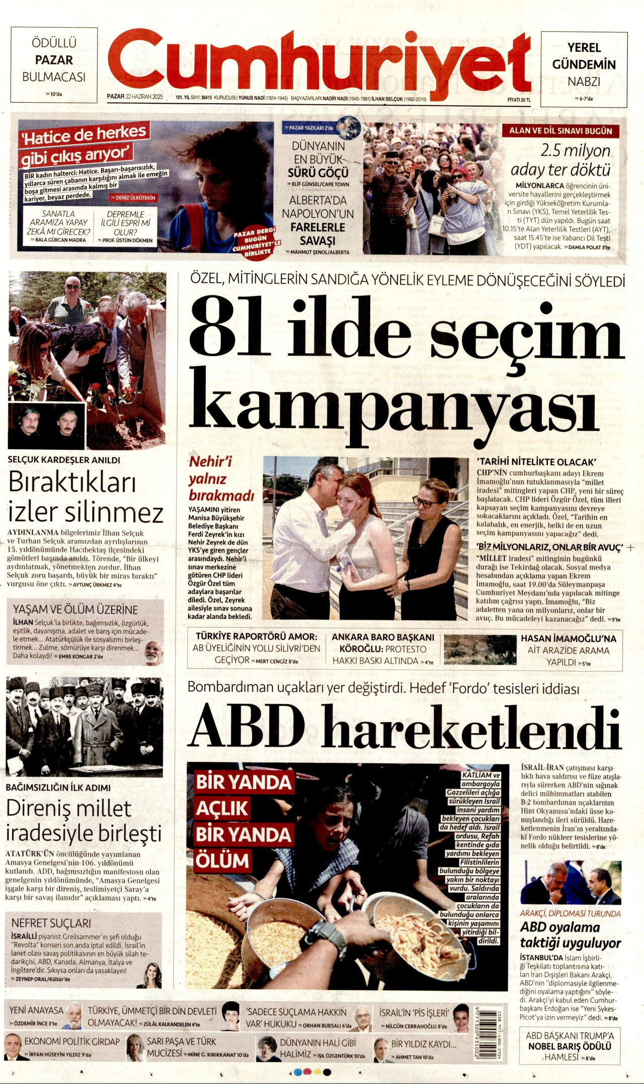 CUMHURİYET gazetesinin 22 Haziran 2025 tarihli birinci sayfası