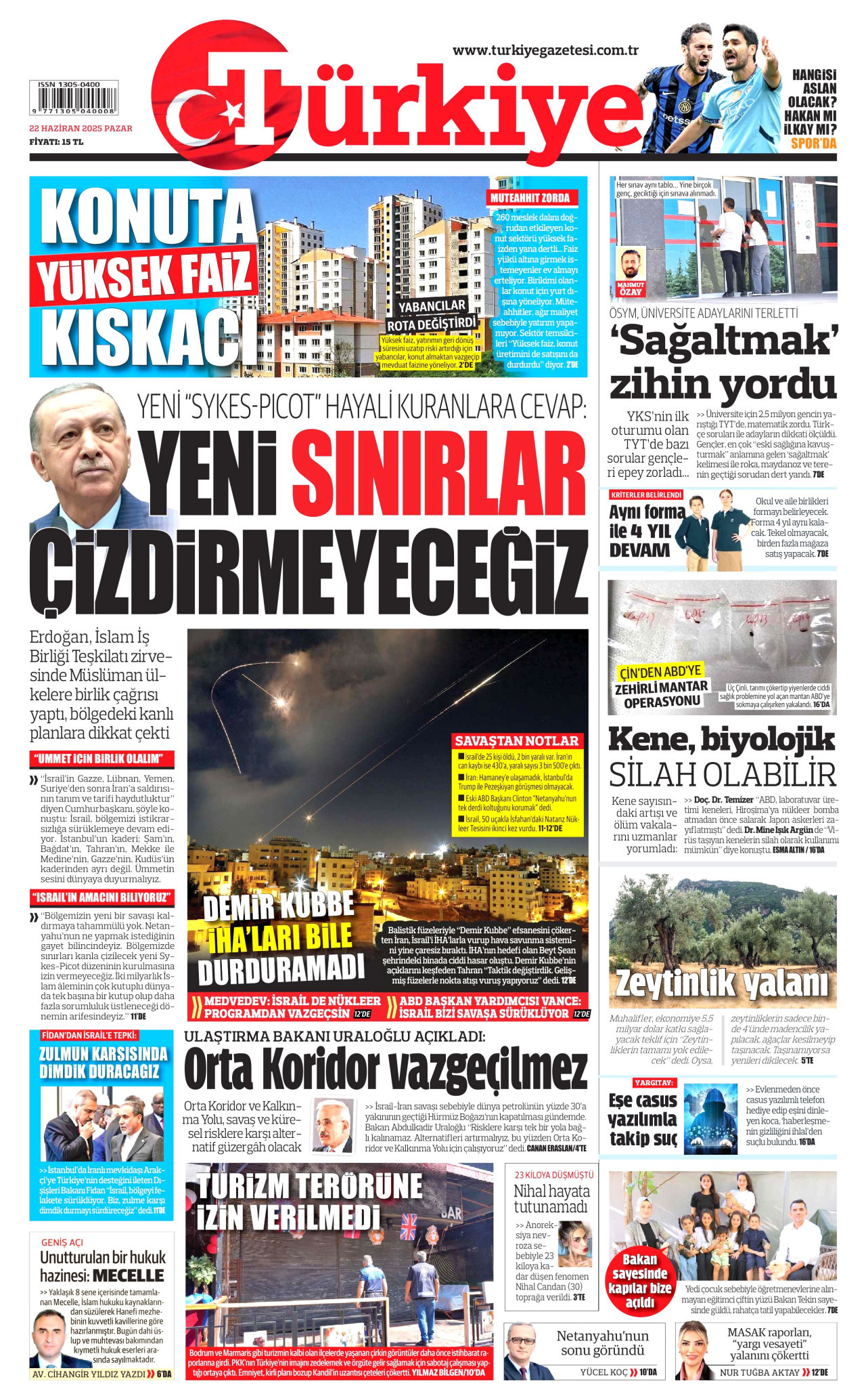 TÜRKİYE GAZETESİ gazetesinin 22 Haziran 2025 tarihli birinci sayfası