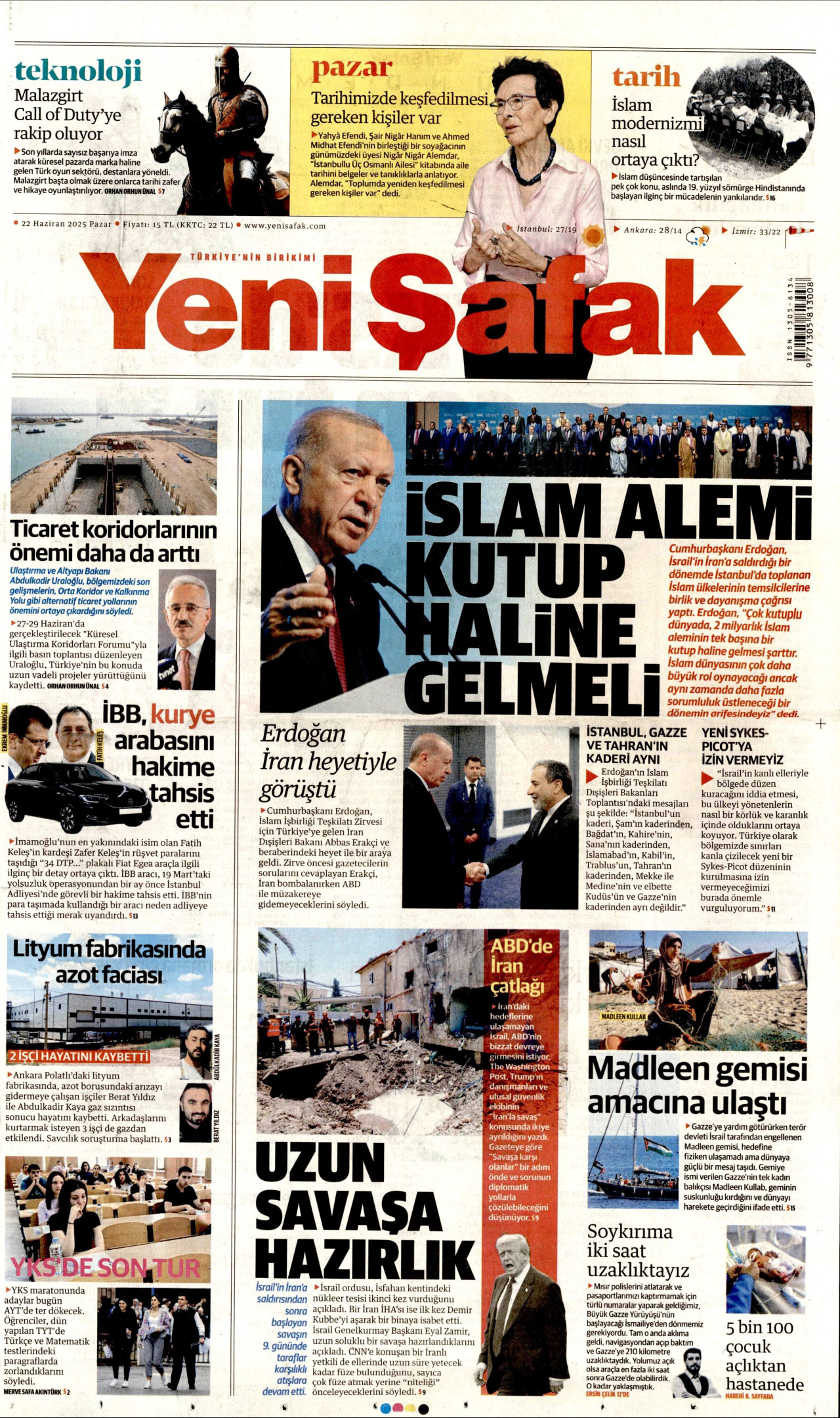 YENİ ŞAFAK gazetesinin 22 Haziran 2025 tarihli birinci sayfası