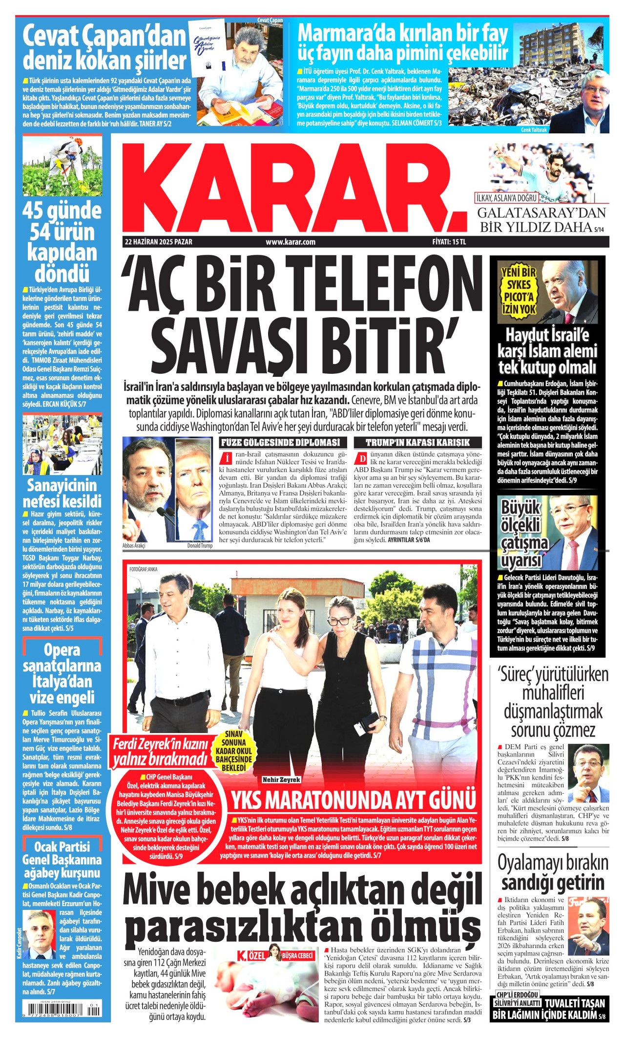 KARAR gazetesinin 22 Haziran 2025 tarihli birinci sayfası