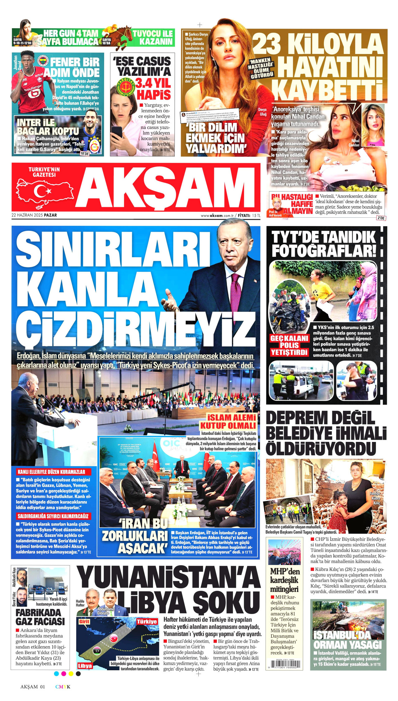AKŞAM gazetesinin 22 Haziran 2025 tarihli birinci sayfası