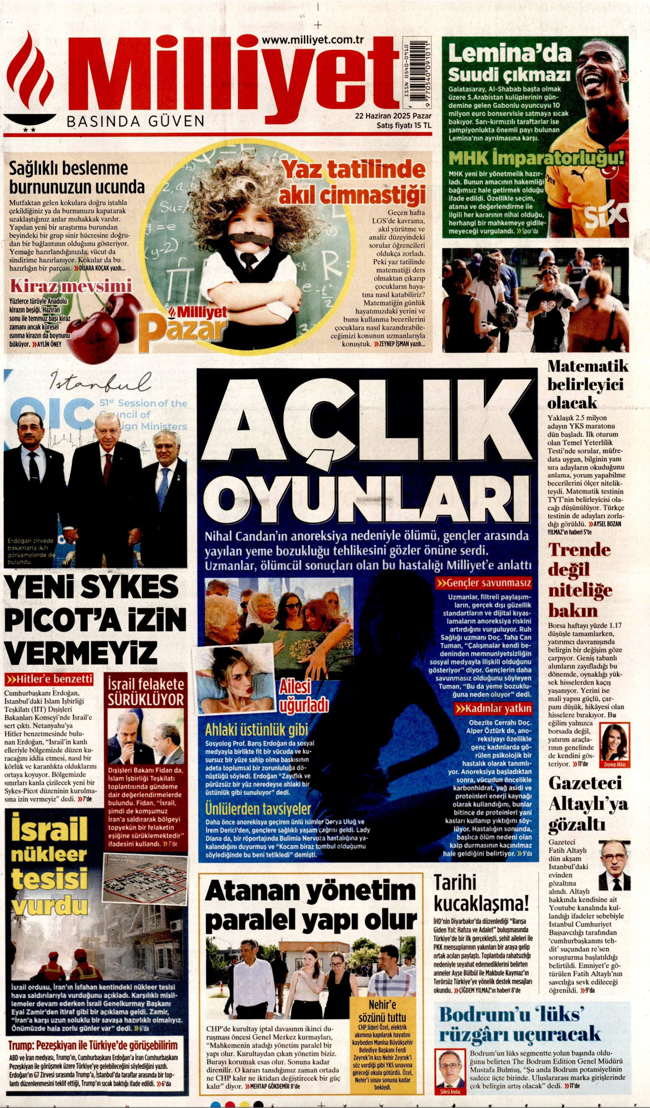 MİLLİYET gazetesinin 22 Haziran 2025 tarihli birinci sayfası