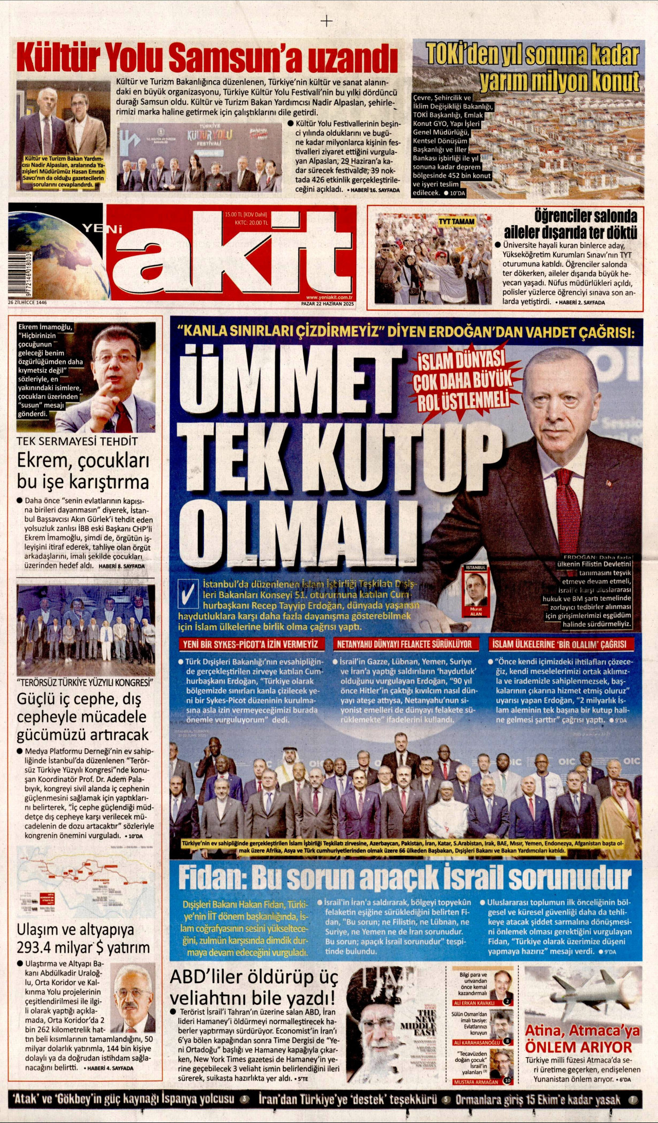 YENİ AKİT gazetesinin 22 Haziran 2025 tarihli birinci sayfası