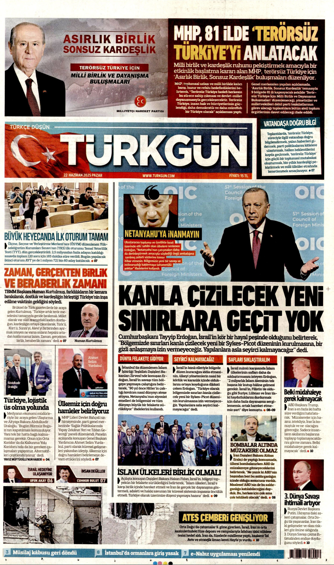 TÜRKGÜN gazetesinin 22 Haziran 2025 tarihli birinci sayfası
