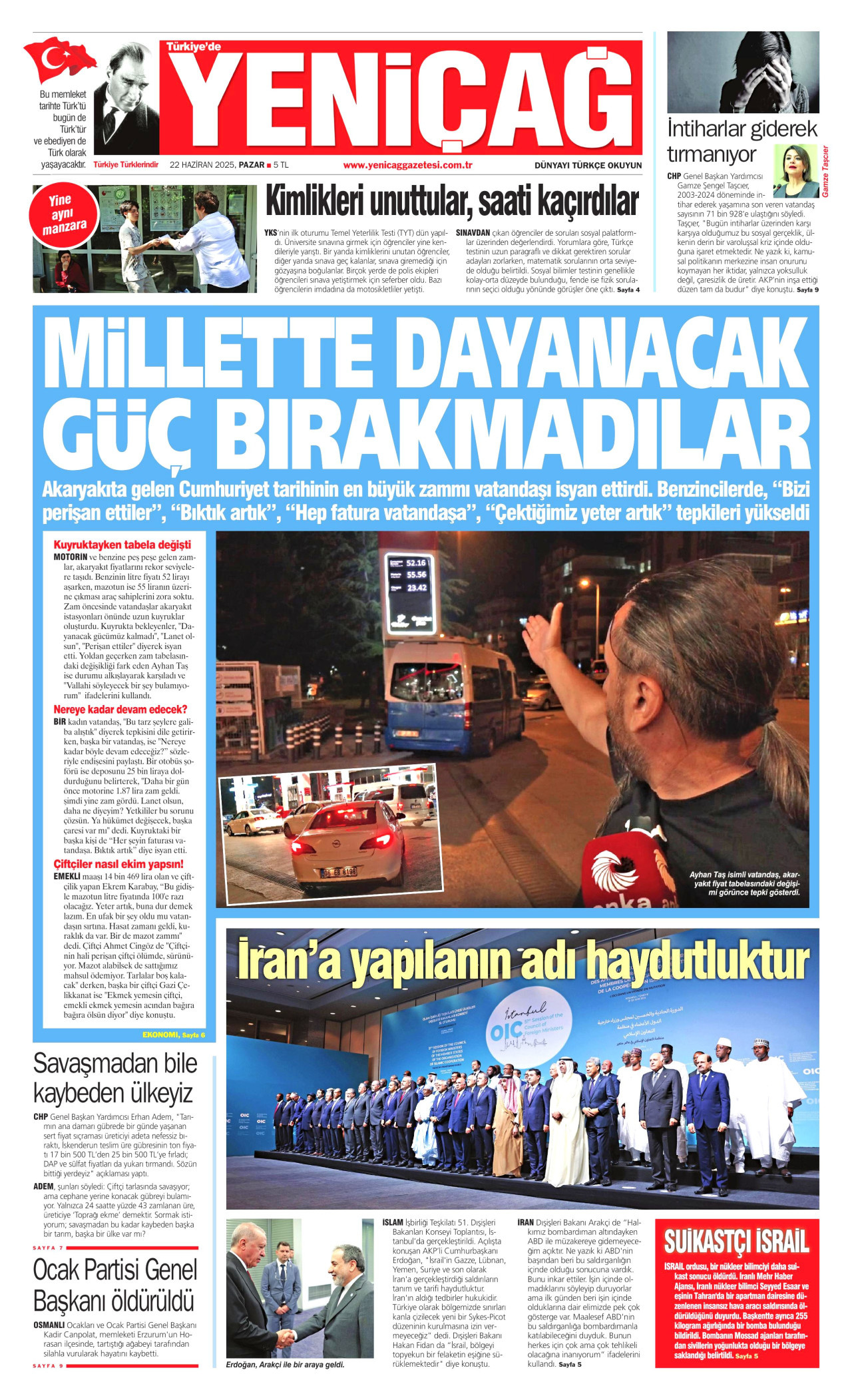 YENİÇAĞ gazetesinin 22 Haziran 2025 tarihli birinci sayfası