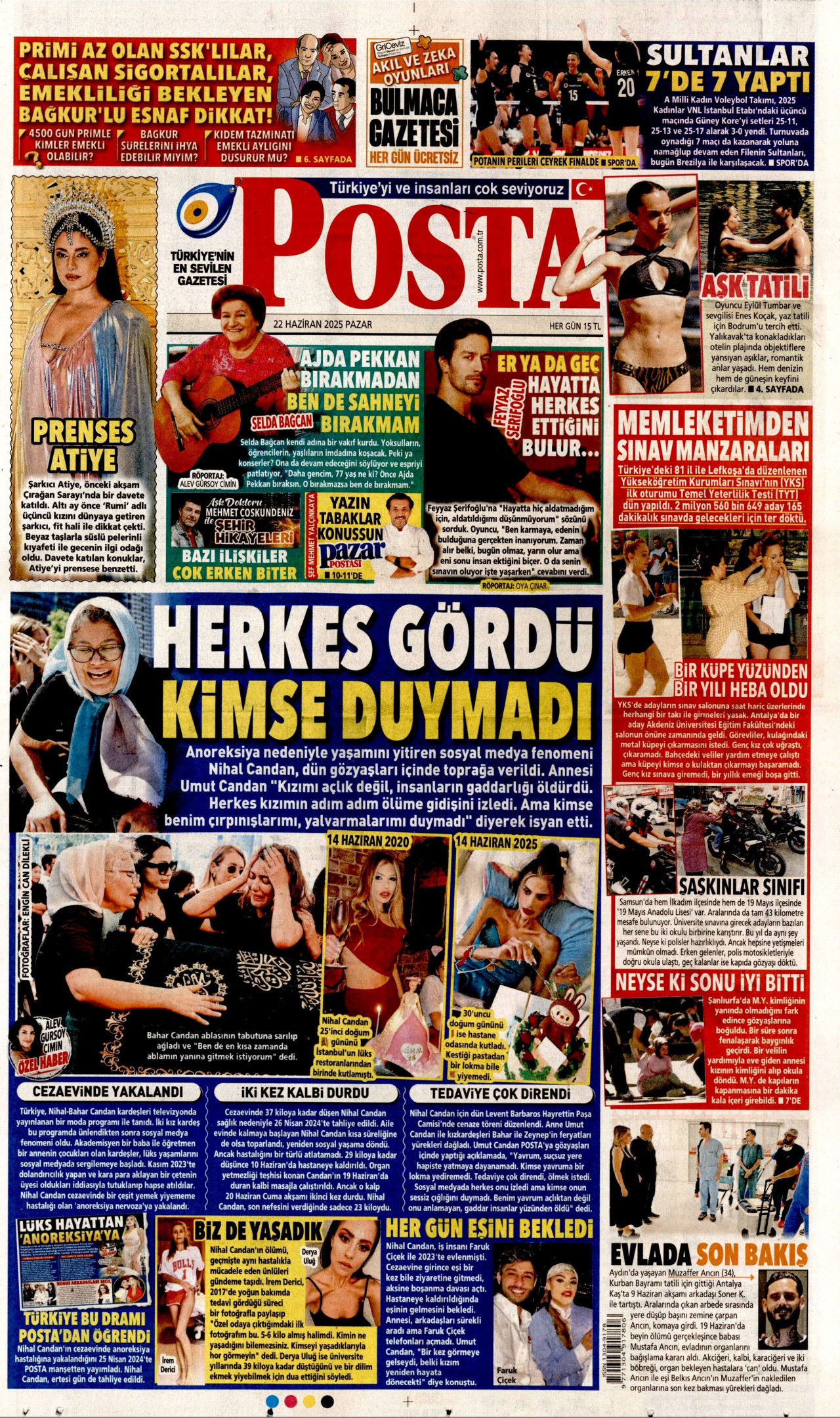 POSTA gazetesinin 22 Haziran 2025 tarihli birinci sayfası