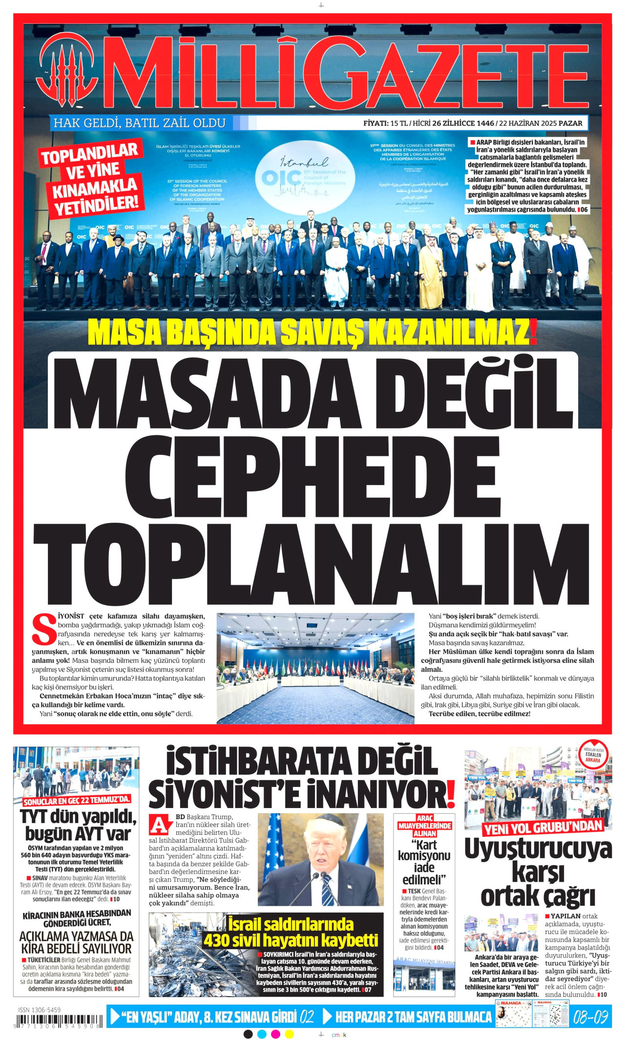 MİLLİ GAZETE gazetesinin 22 Haziran 2025 tarihli birinci sayfası