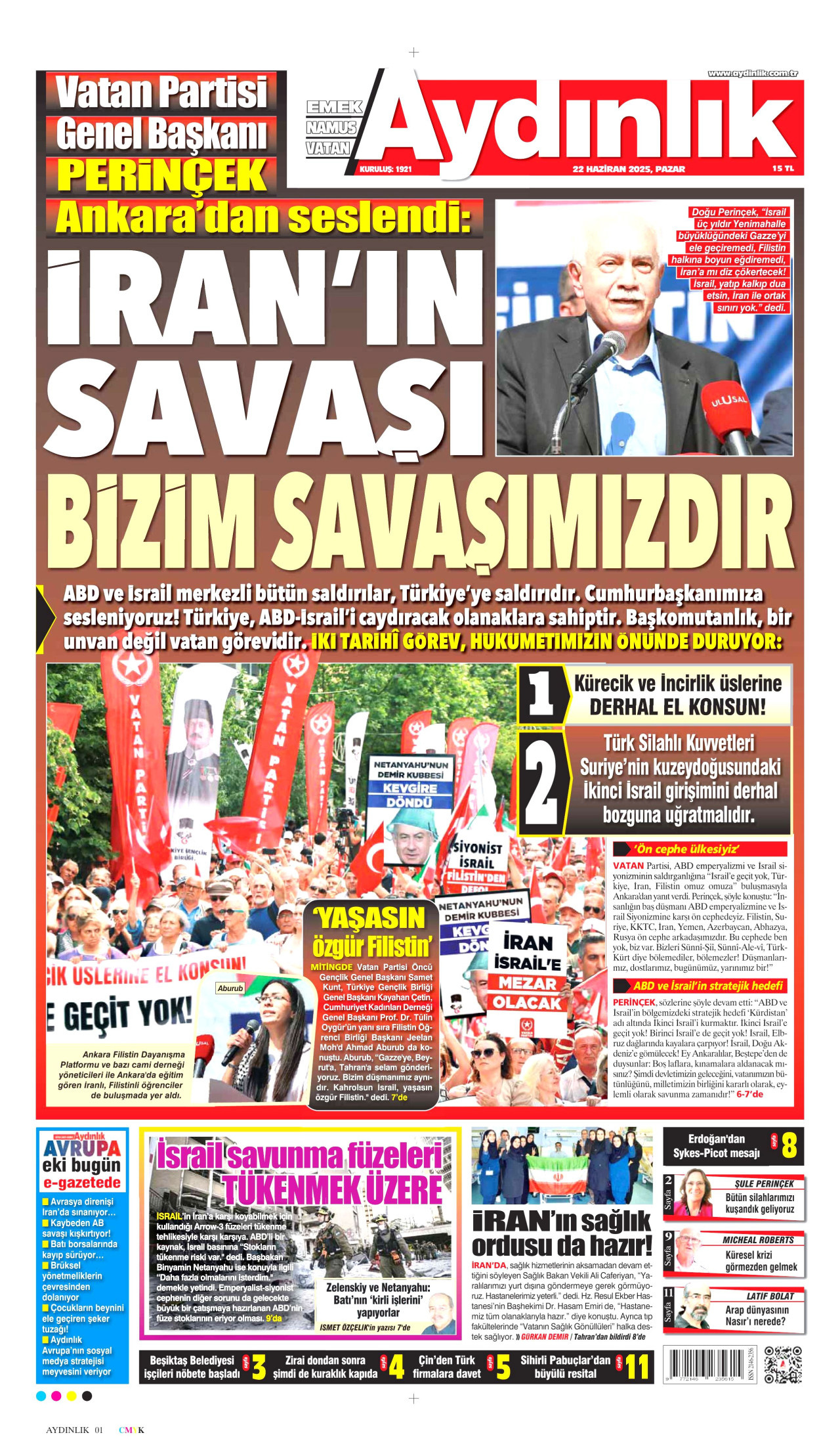 AYDINLIK GAZETESİ gazetesinin 22 Haziran 2025 tarihli birinci sayfası
