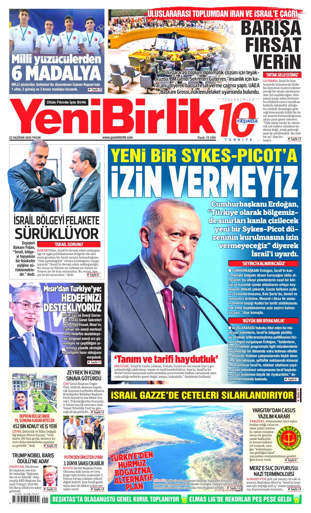 YENİBİRLİK gazetesinin 22 Haziran 2025 tarihli birinci sayfası
