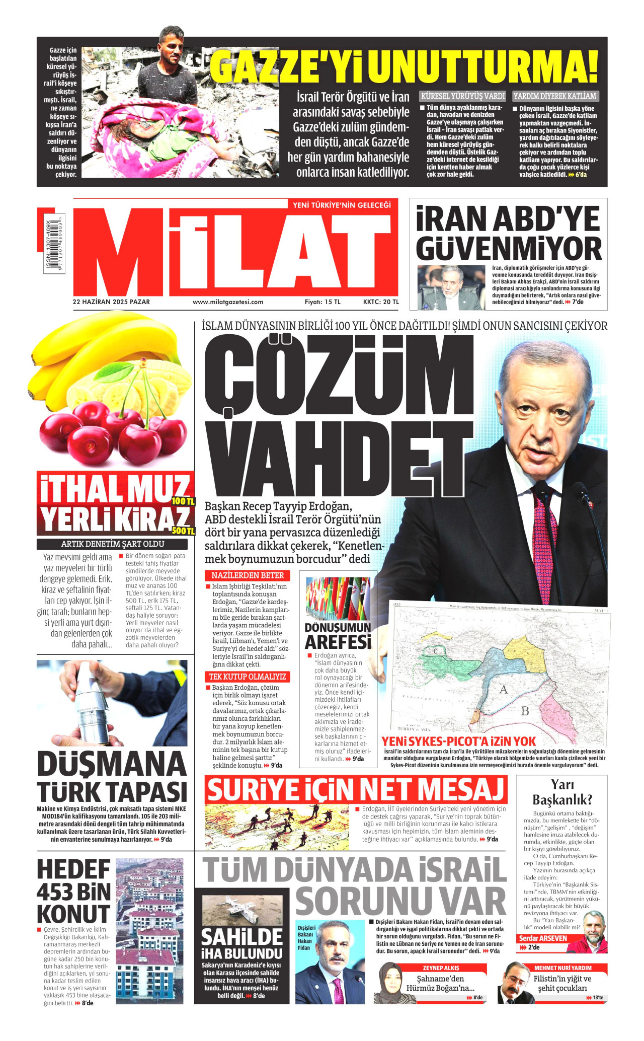 MİLAT gazetesinin 22 Haziran 2025 tarihli birinci sayfası