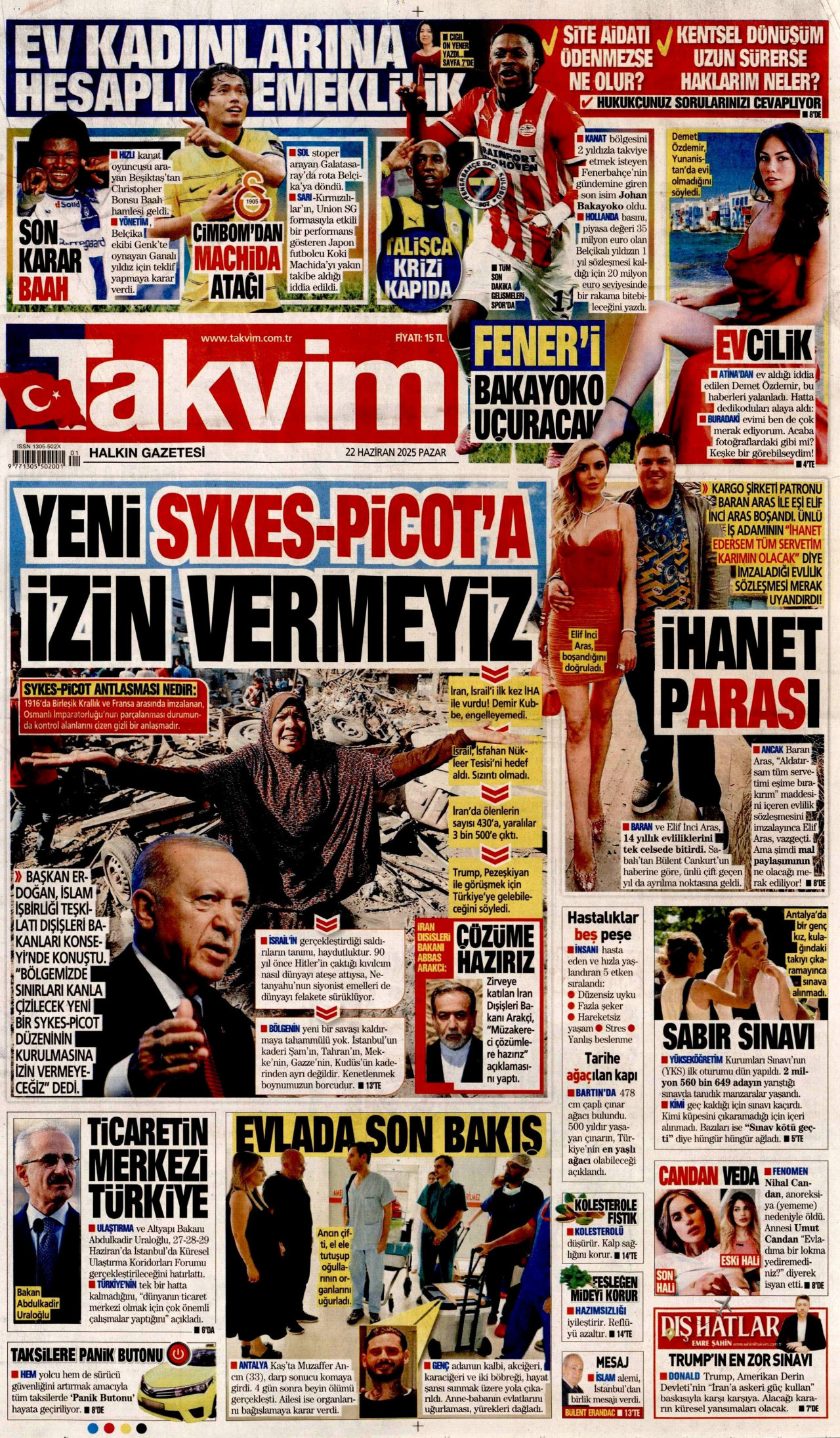 TAKVİM gazetesinin 22 Haziran 2025 tarihli birinci sayfası
