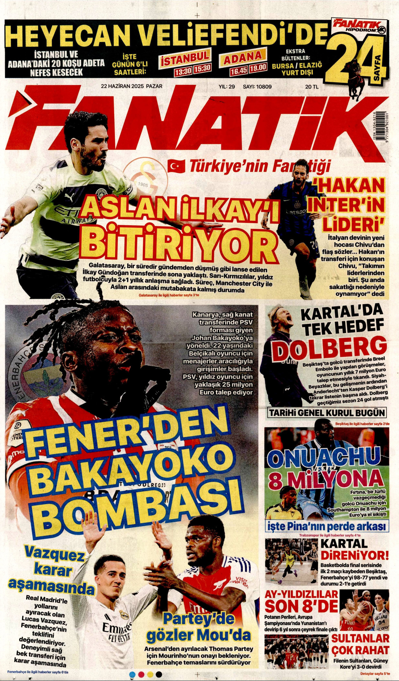 FANATİK gazetesinin 22 Haziran 2025 tarihli birinci sayfası