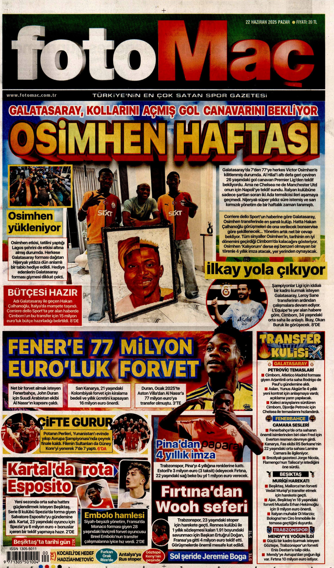 FOTOMAÇ gazetesinin 22 Haziran 2025 tarihli birinci sayfası