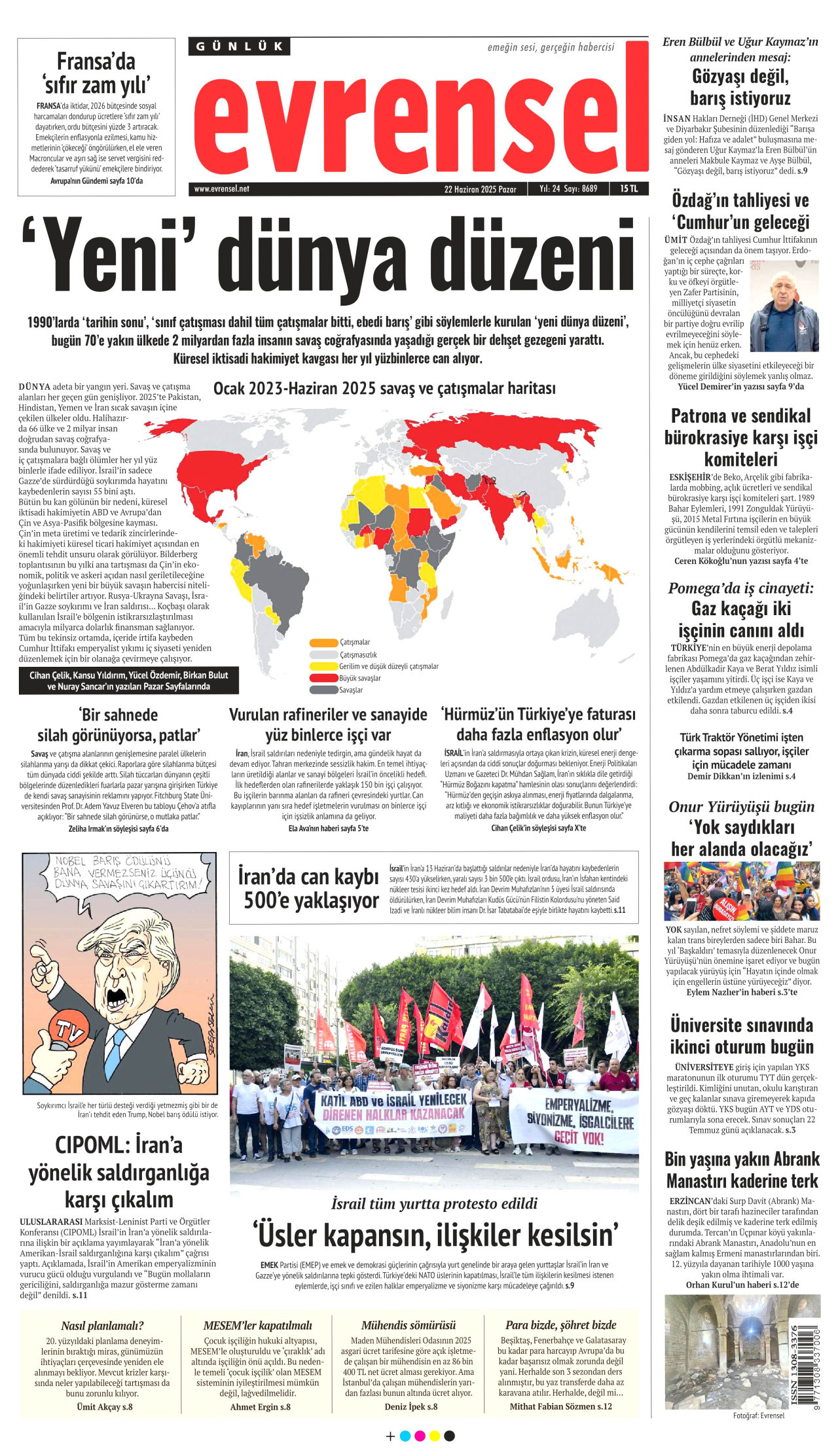 EVRENSEL gazetesinin 22 Haziran 2025 tarihli birinci sayfası